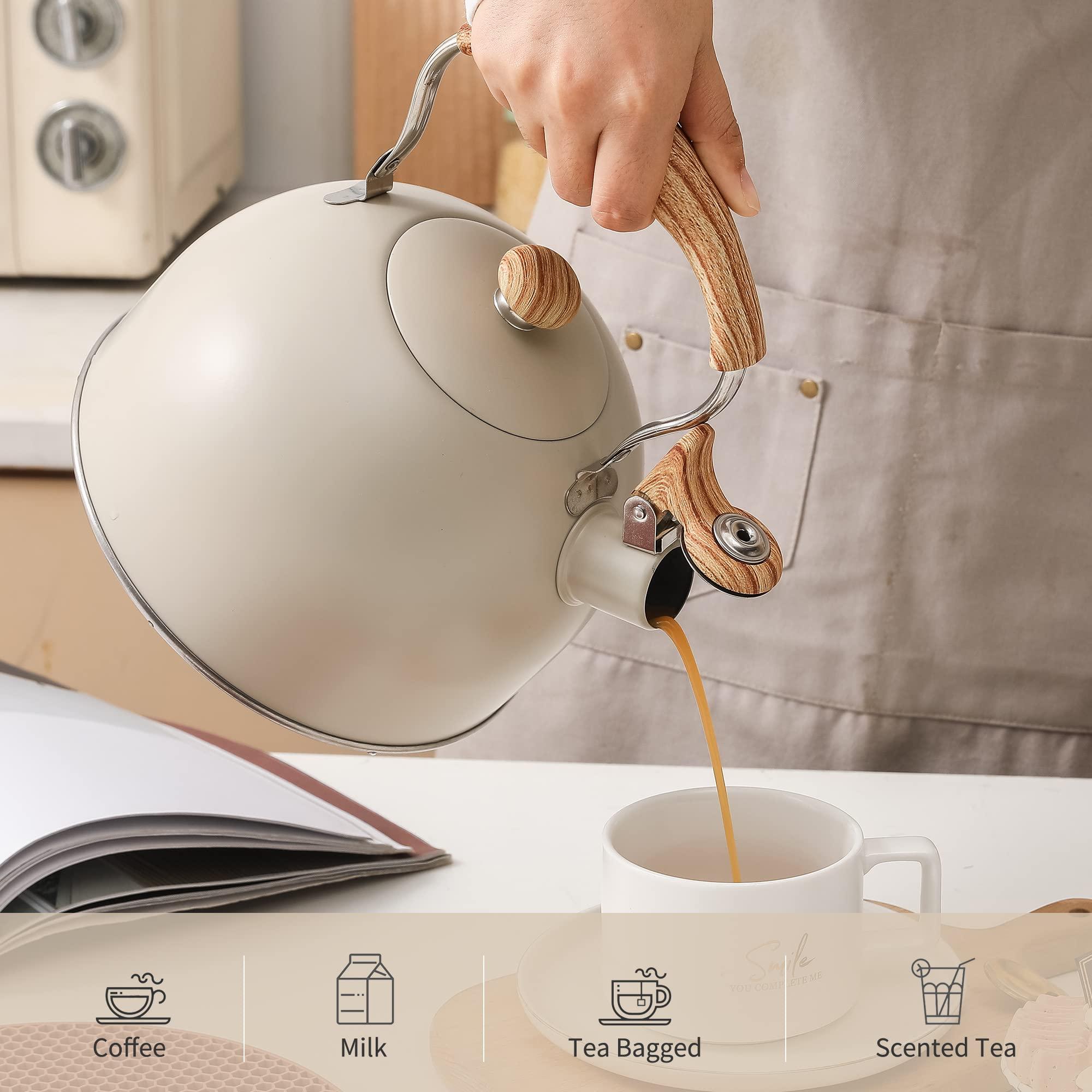 LONFFERY Tea Kettle for Stove Top, 2.5 Quart Whistling Tea Kettle, with Food Grade Stainless Steel and Wood Pattern Folding Handle, Creamy White - Image 5