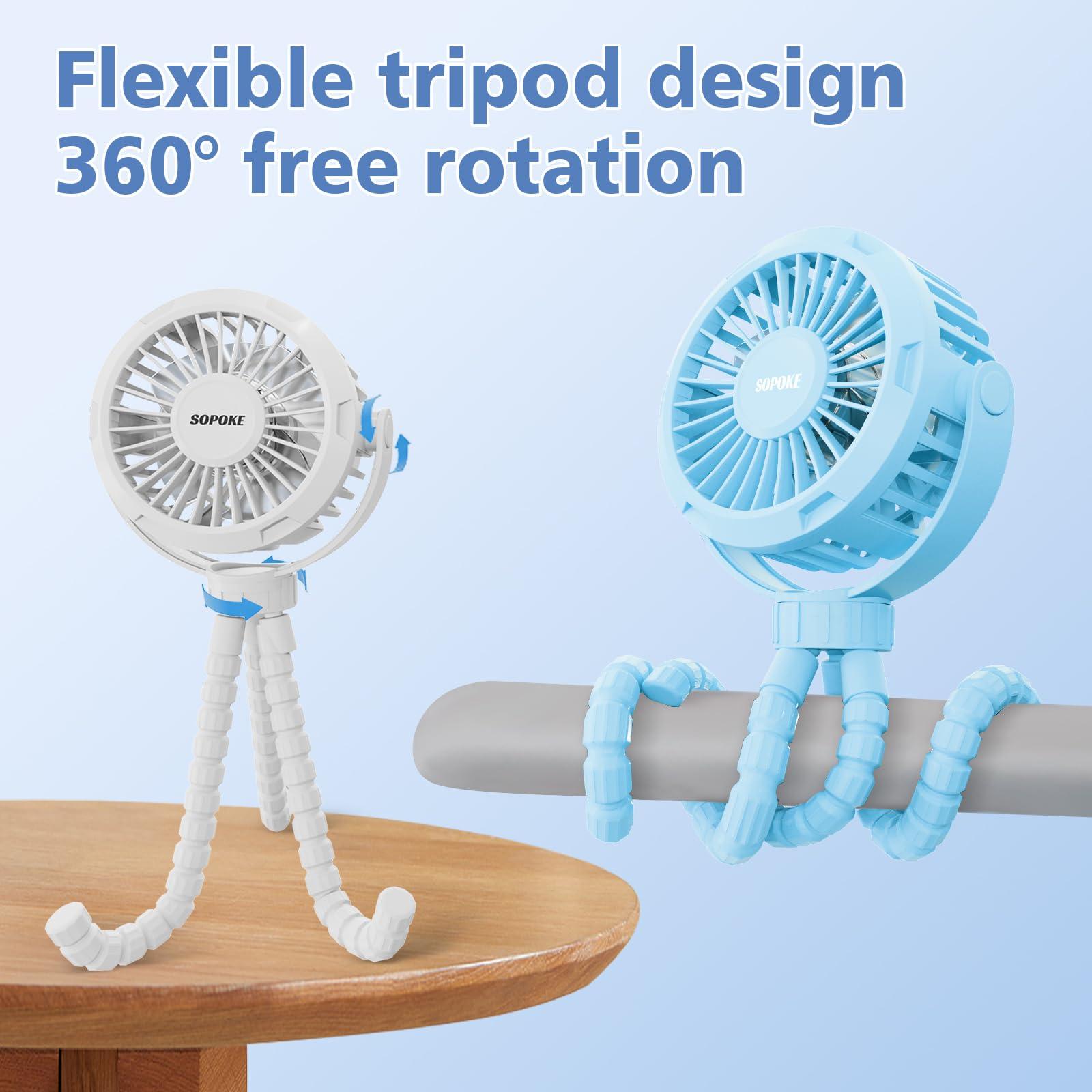 SOPOKE Mini Portable Baby Stroller Fan,3 Speed Personal Handheld Fan,Battery Operated Rechargeable 360° Flexible Tripod Cooling Fan, Suitable for Car Seat Crib Treadmill Golf Cart Travel(Yellow) - Image 2