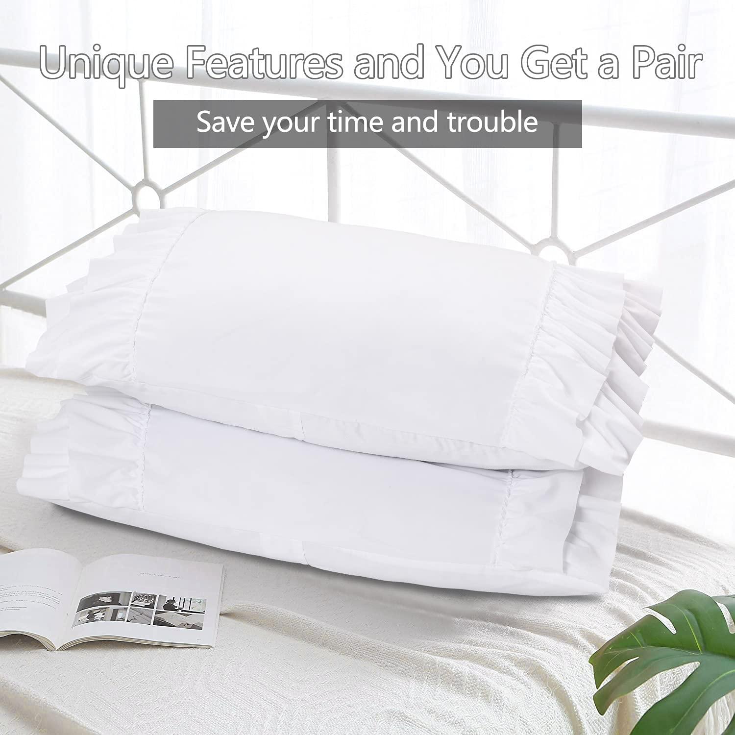 HIG Pack of 2 Farmhouse Ruffle Pillow Shams, Standard Size White French Country Style Vintage Pillowcases with Handcraft Ruffle, Boho Frilly Pillow Shams for Bedroom, Microfiber, 20" X 26" (Emory) - Image 9
