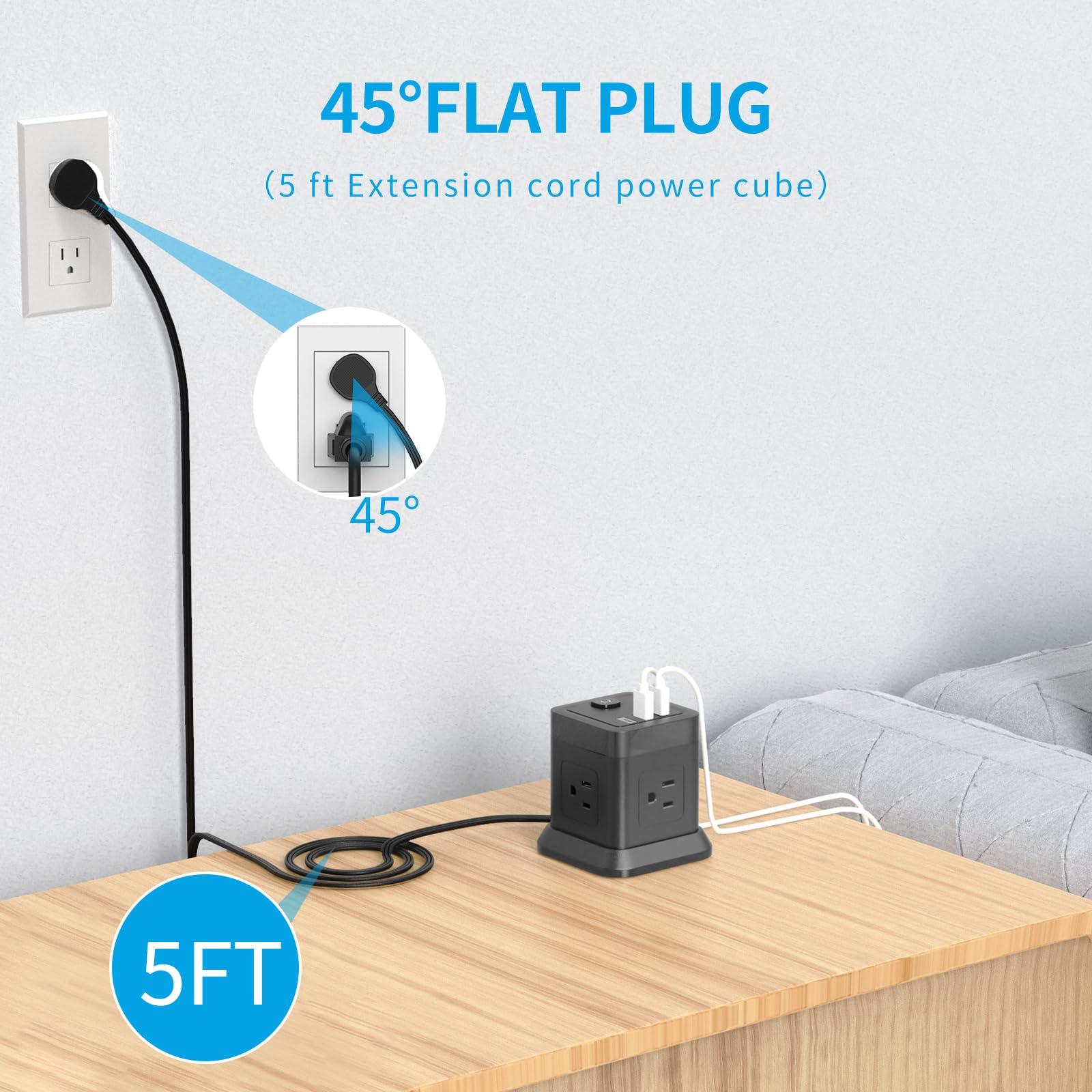 Power Strip with USB C, FDTEK Flat Plug Extension Cord with 4 Outlets and 3 USB Ports 10 FT Desk Power Strip Cube Overload Protection Compact Portable for Travel Home Office Cruise Ship - Black - Image 3