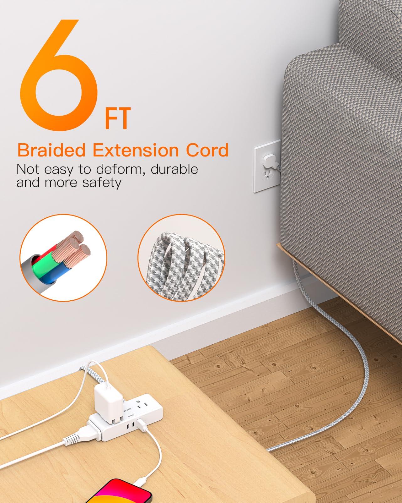 Flat Extension Cord 6 feet, Flat Plug Power Strip, 4 Widely Outlets with 3 USB Ports (2 USB C), 3 Side Outlet Extender with Extension Cord with Multiple Outlets for Home, Office, Dorm Room Essentials - Image 2