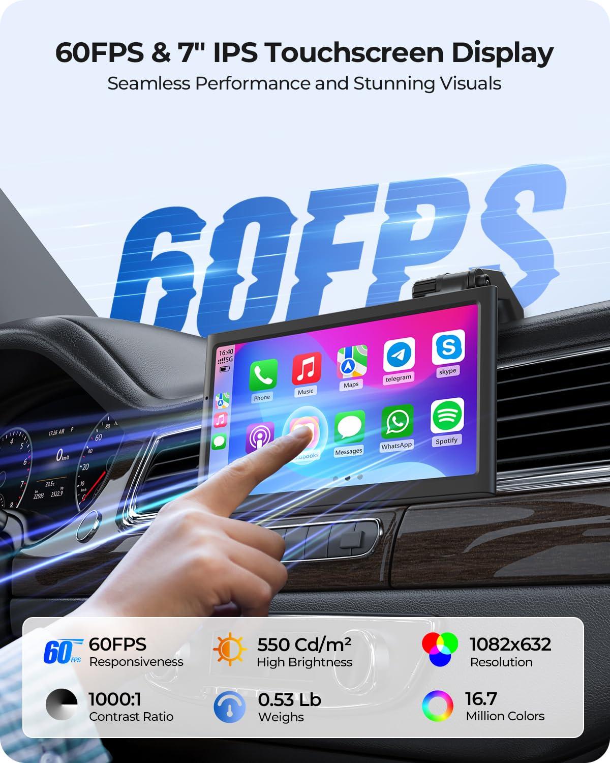 Krunia 7" Wireless Portable 60FPS Car Play Screen for Apple CarPlay & Android Auto, Portrait and Landscape Modes, Mirror Link, Bluetooth, Voice Control, GPS Navigation - Image 3
