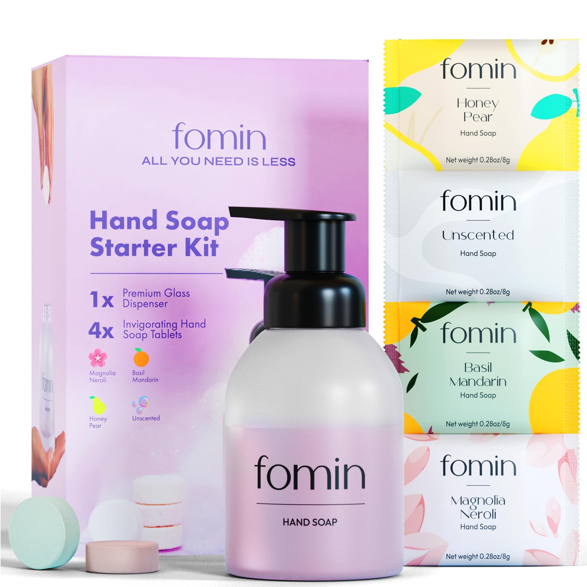 FOMIN Hand Soap Starter Kit - 6 Variety Pack of Foaming Hand Soap Refills + 1 Glass Dispenser - Eco-Friendly Foaming Hand Soap Tablets for All Skin Types - Makes 48 fl oz Soap