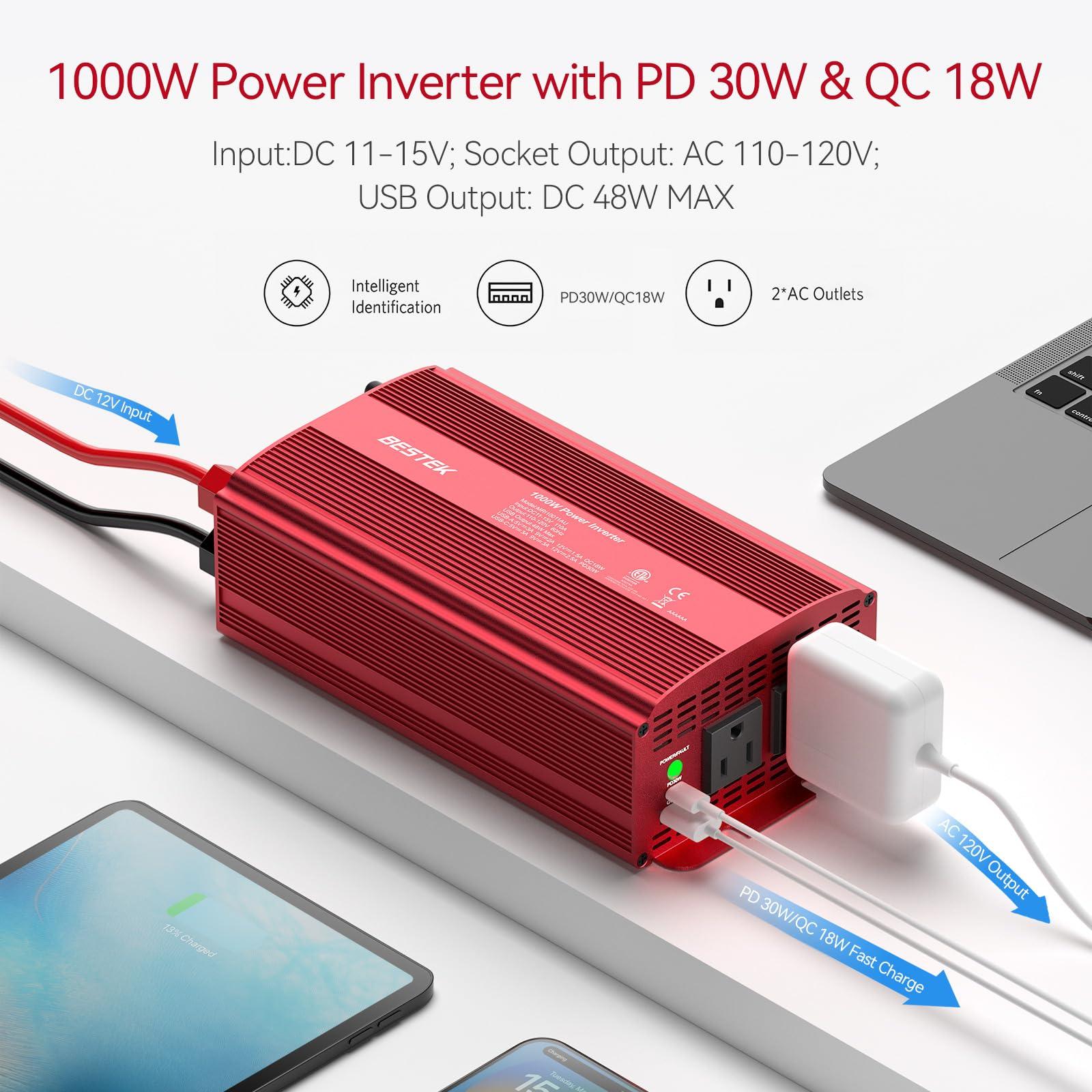 BESTEK 1000W Car Power Inverter, DC 12V to 110V Car Power Converter with 2 AC Outlets/30W PD USB-C/18W Quick USB A Charge Multi-Protection 1000 watt Power Inverter for Vehicles/Car/RV/Home - Image 2