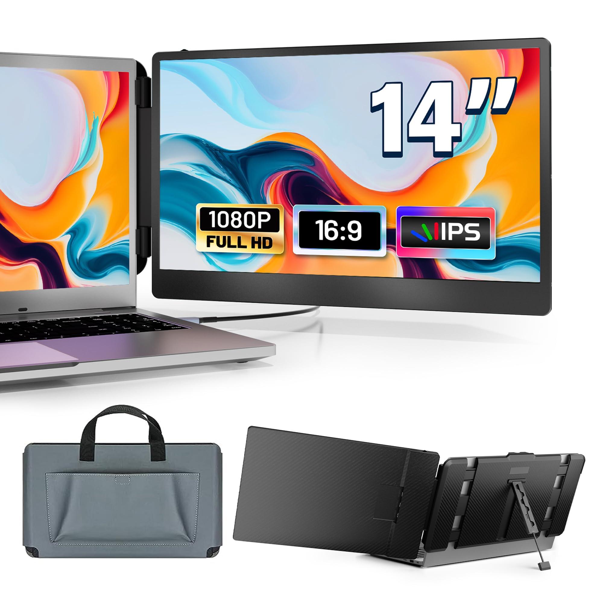 domyfan 14" Laptop Monitor Extender, FHD 1080P IPS Dual Laptop Screen Extender, HDMI/USB-A/Type-C Plug and Play for Windows, Mac, Chrome, Android, Xbox, Switch, PS5, Work with 13.3”-17” Laptops