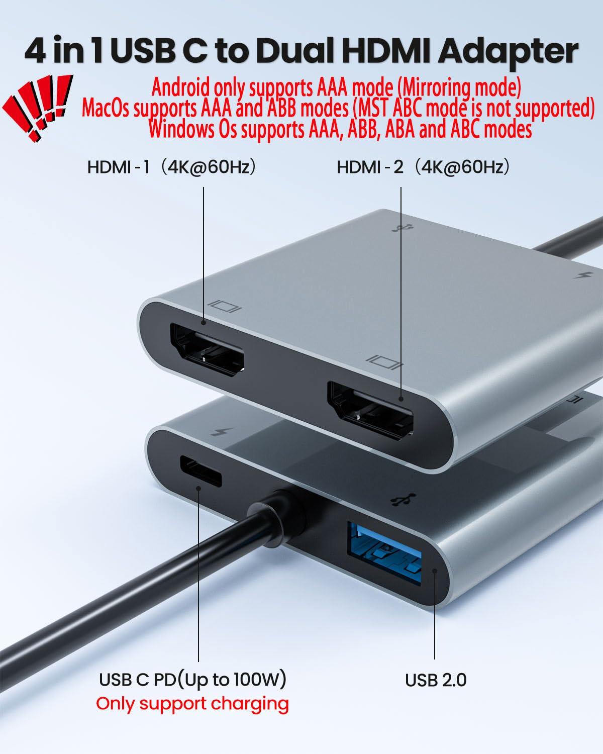 USB C to Dual HDMI Adapter, Fophmo 4K@60Hz HDMI Splitter Extended Display for Dual Monitors, 100W PD, USB-A Port, Windows Allows Multi-Monitor Display 3 Separate Screens, macOS Only Allows Mirror Mode - Image 3