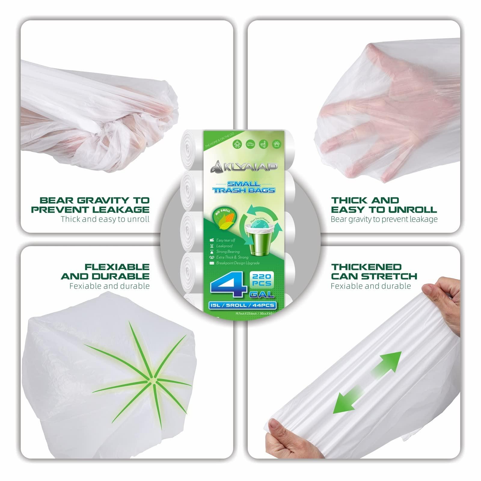 220 Counts Aklyaiap 4 Gallon Trash Bag,Tear & Leak Resistant Bathroom Biodegradable Small Garbage Can Bags Unscented for Home & Kitchen, 5Rolls, White - Image 4