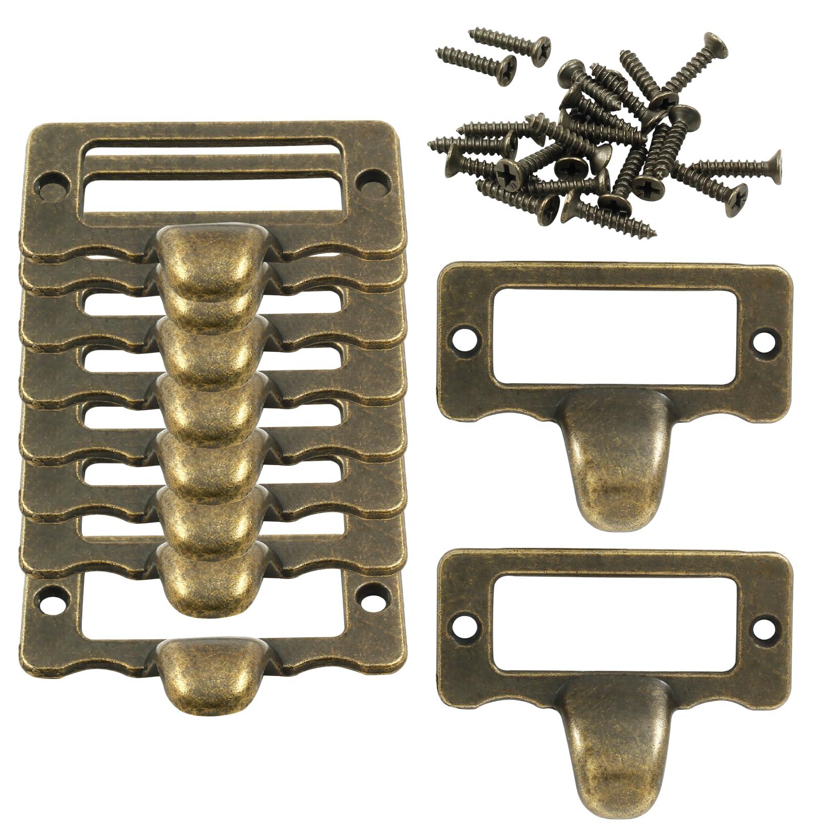Bivethoi 10 Pcs Vintage Label Tag Holder Pull Handle Bronze File Cabinet Pulls Card Catalog Drawer Pulls for Office Furniture Cupboard Shelf Toolcase