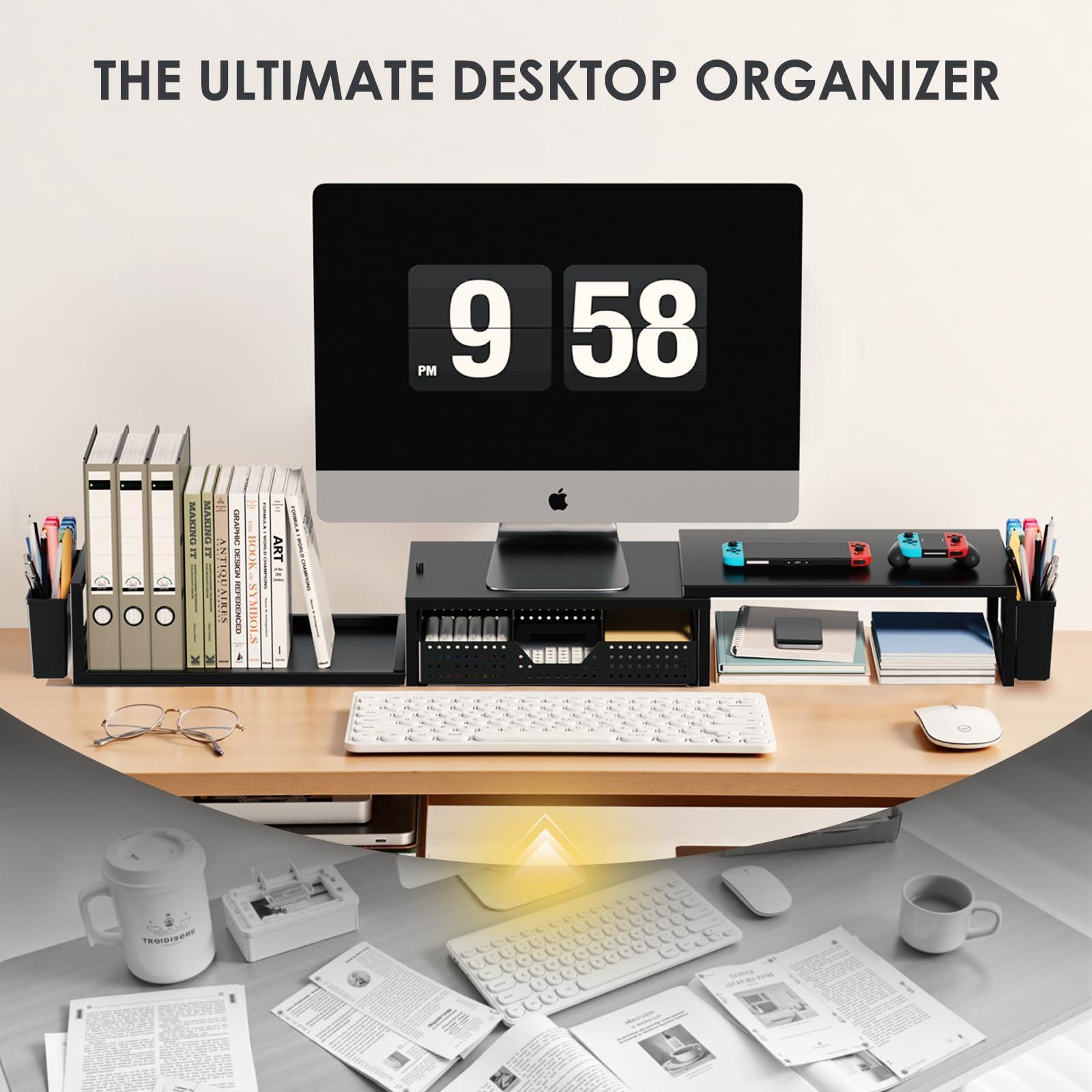 OPNICE Desk Organizers and Accessories, Dual Monitor Stand Riser with Drawer and 2 Pen Holders, Desk Shelf Metal Computer Monitor Stand for Office Workspace Organizers, Desktop Organization (Black) - Image 5