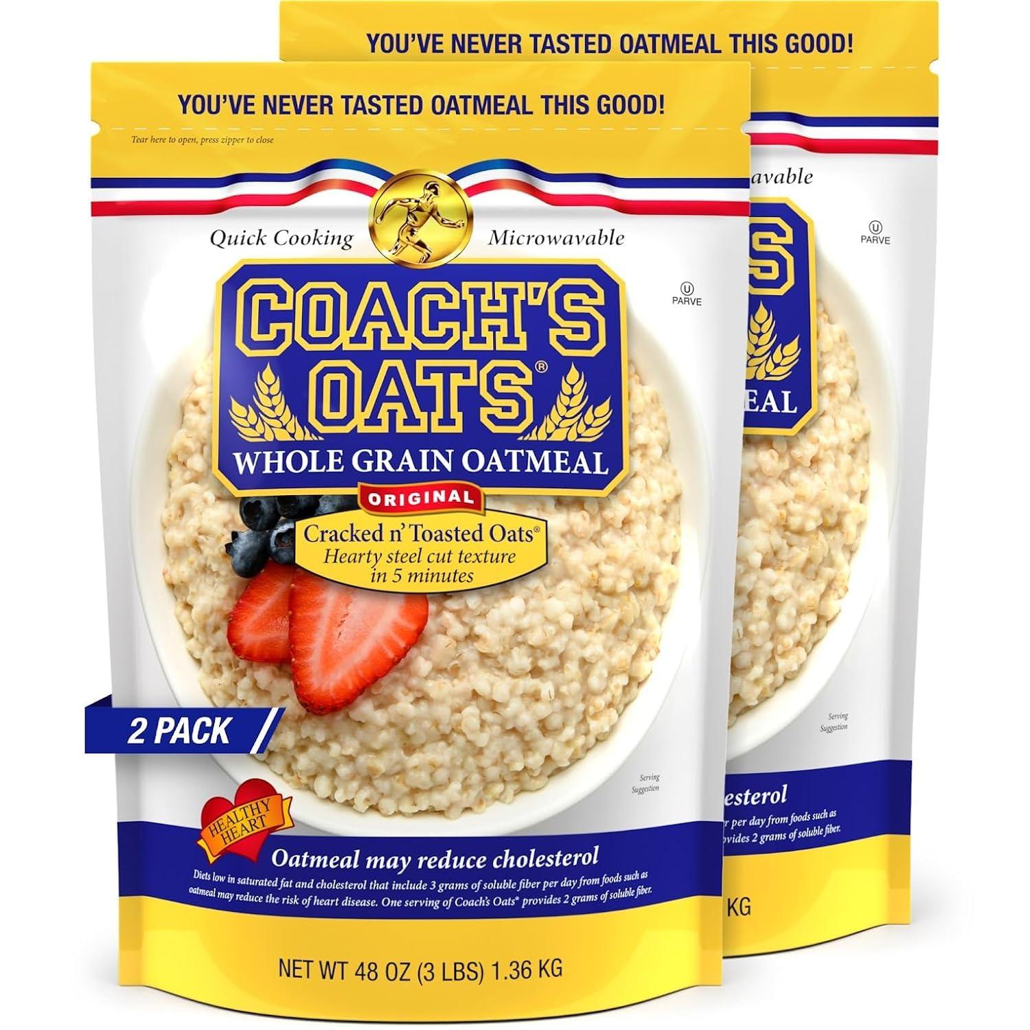 Coach's Oats Whole Grain Oatmeal 3 lbs (48 oz) Pack of 2 | Steel Cut Texture, Ready in 3 to 5 Minutes | Enjoy the Perfect Start to Your Day