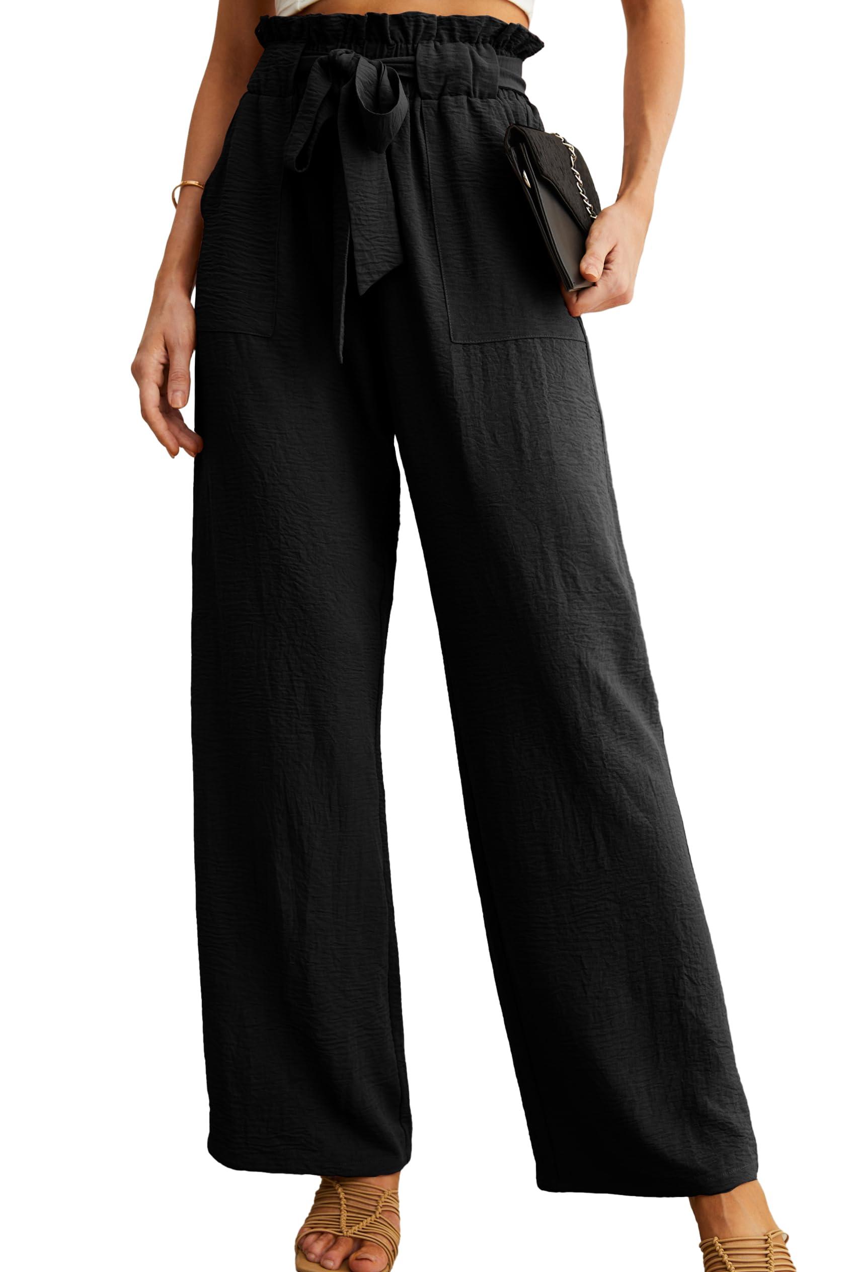 IWOLLENCE Women's Wide Leg Pants with Pockets High Waist Adjustable Knot Loose Casual Trousers Business Work Casual Pants