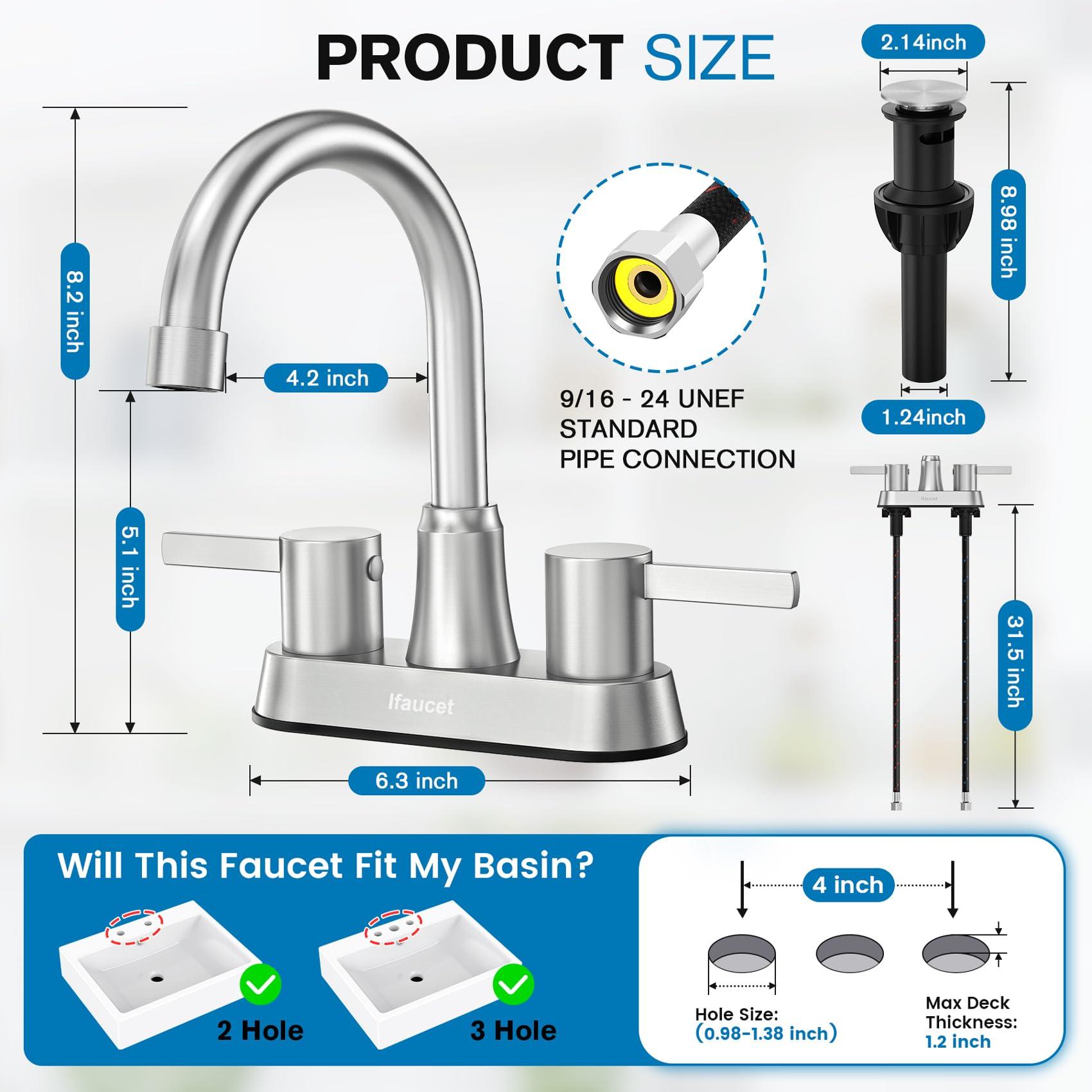Bathroom Faucets, Bathroom Faucet 3 Hole, Bathroom Sink Faucet, Faucet for Sink 4 Inch 2 Handle Centerset, Lead-Free, with Copper Pop Up Drain (Brushed Nickel) - Image 3