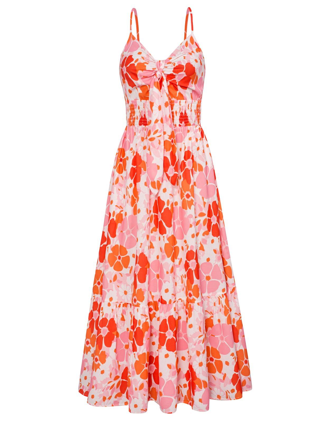 GRACE KARIN Women's 2025 Summer Maxi Dress Floral Tie Front Spaghetti Strap Casual Boho Beach Flowy Sundress with Pockets
