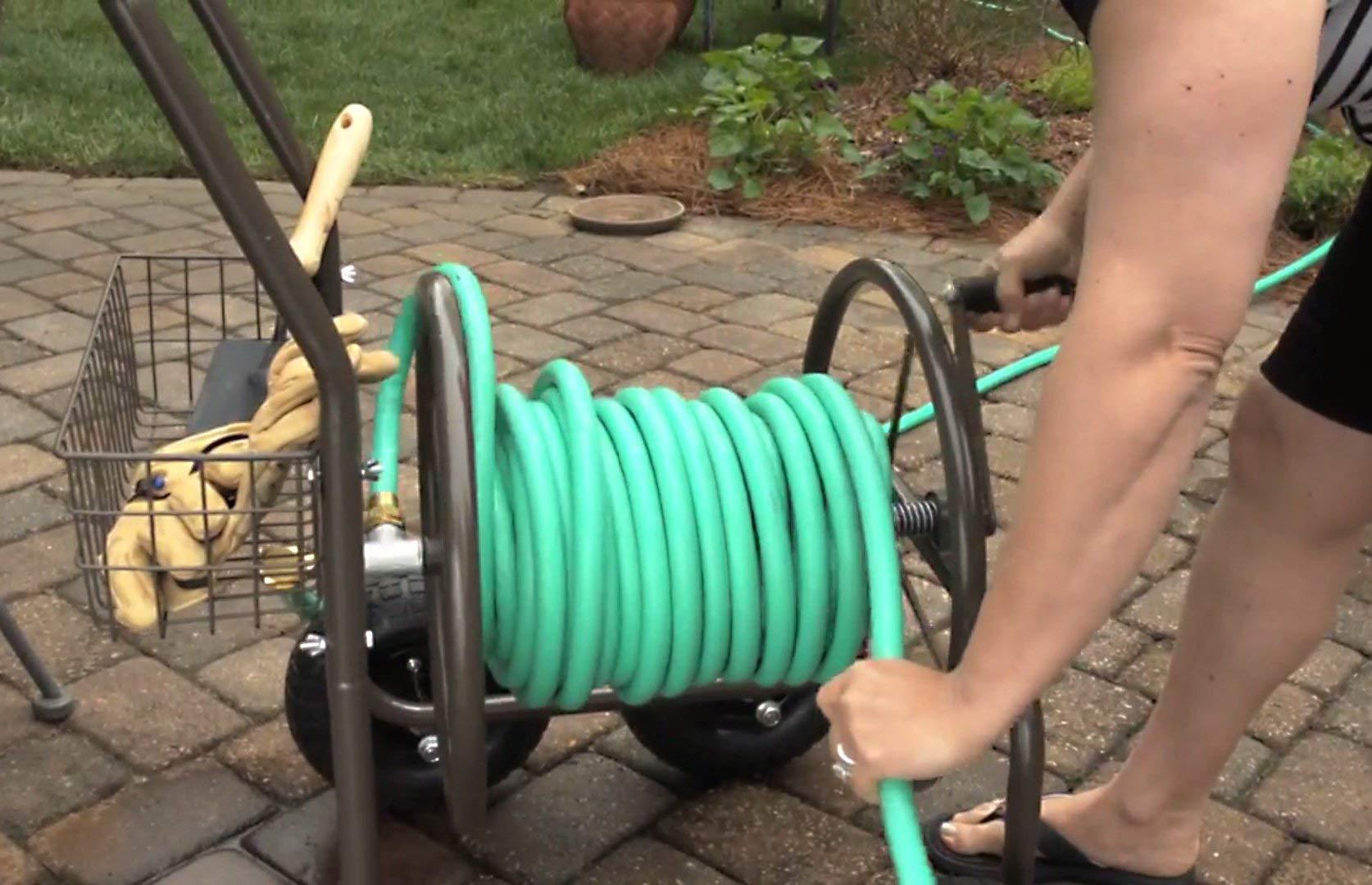 Liberty Garden Residential Grade Four Wheel 250 Foot Capacity Steel Frame Water Hose Reel Cart with Basket for Backyard, Garden, or Home, Brown, Bronze - Image 5
