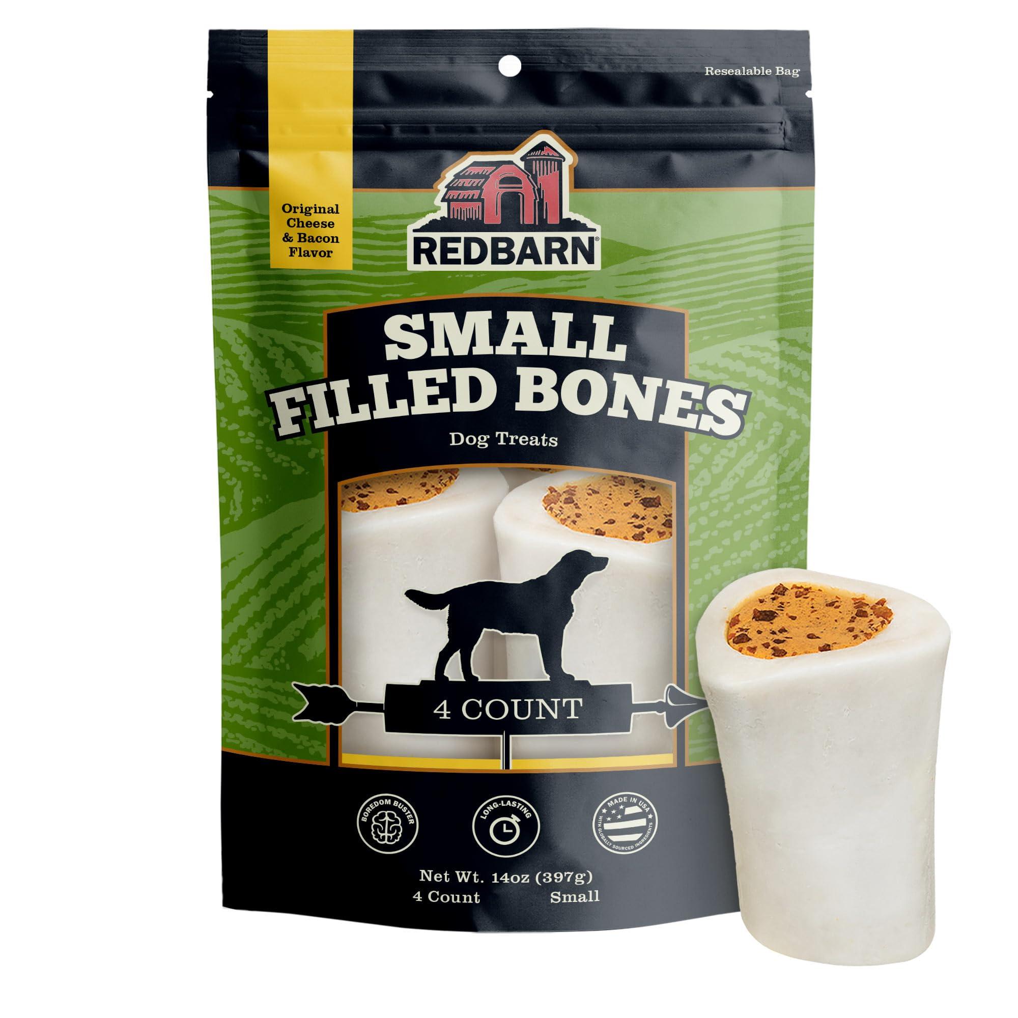 Redbarn Pet Products Small Filled Dog Bones, Cheese & Bacon Flavor - Long Lasting Stuffed Femur Chew Treat Made in USA - 4 Count - Packaging May Vary