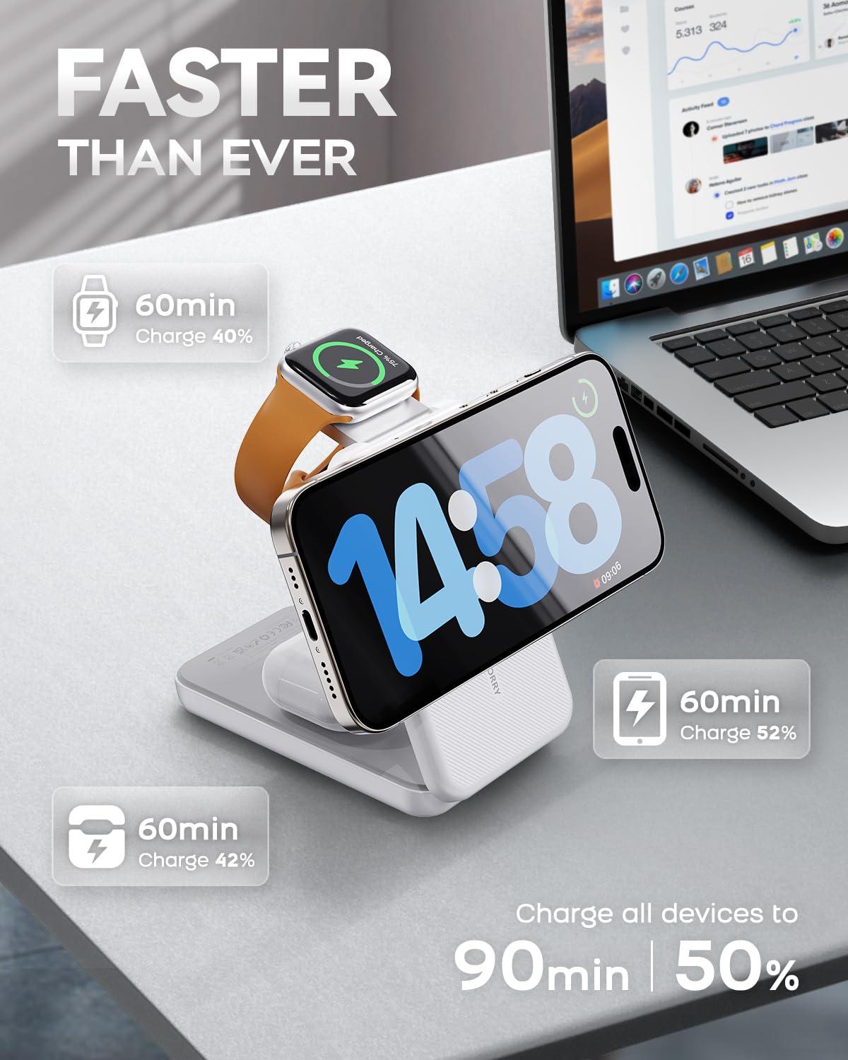 RORRY Portable Charger, 3-in-1 Charging Station 10000mAh Portable Charger Power Bank for MagSafe Foldable Battery Pack Travel for iPhone 16/15/14/13/12, for Apple Watch 10/9/8/7/6/5/Ultra/2, White - Image 3