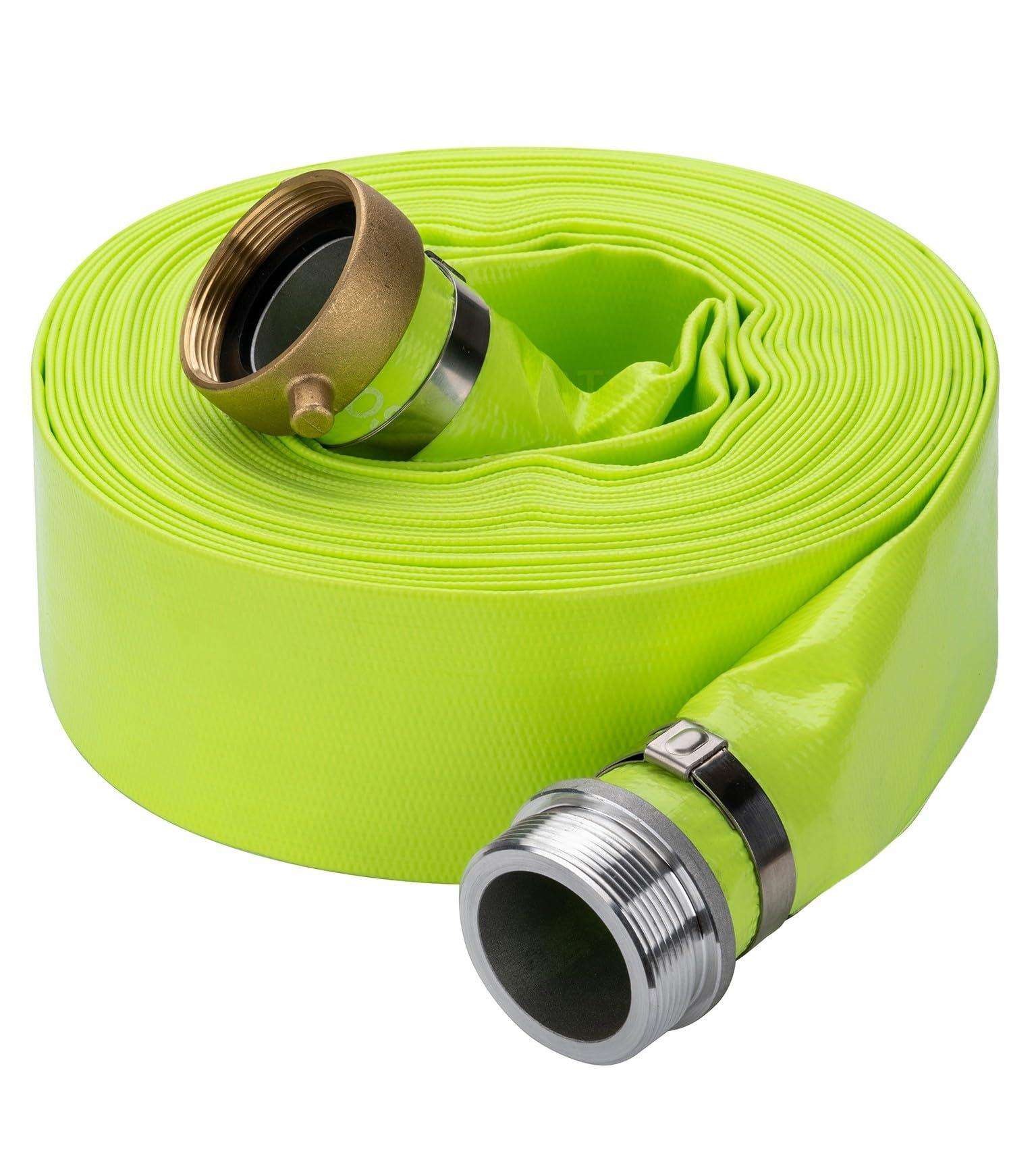 2" x 100' Green PVC Backwash and Discharge Hose for Swimming Pools, Heavy Duty Reinforced Flat Pool Hose with Aluminum Pin Lug Fittings