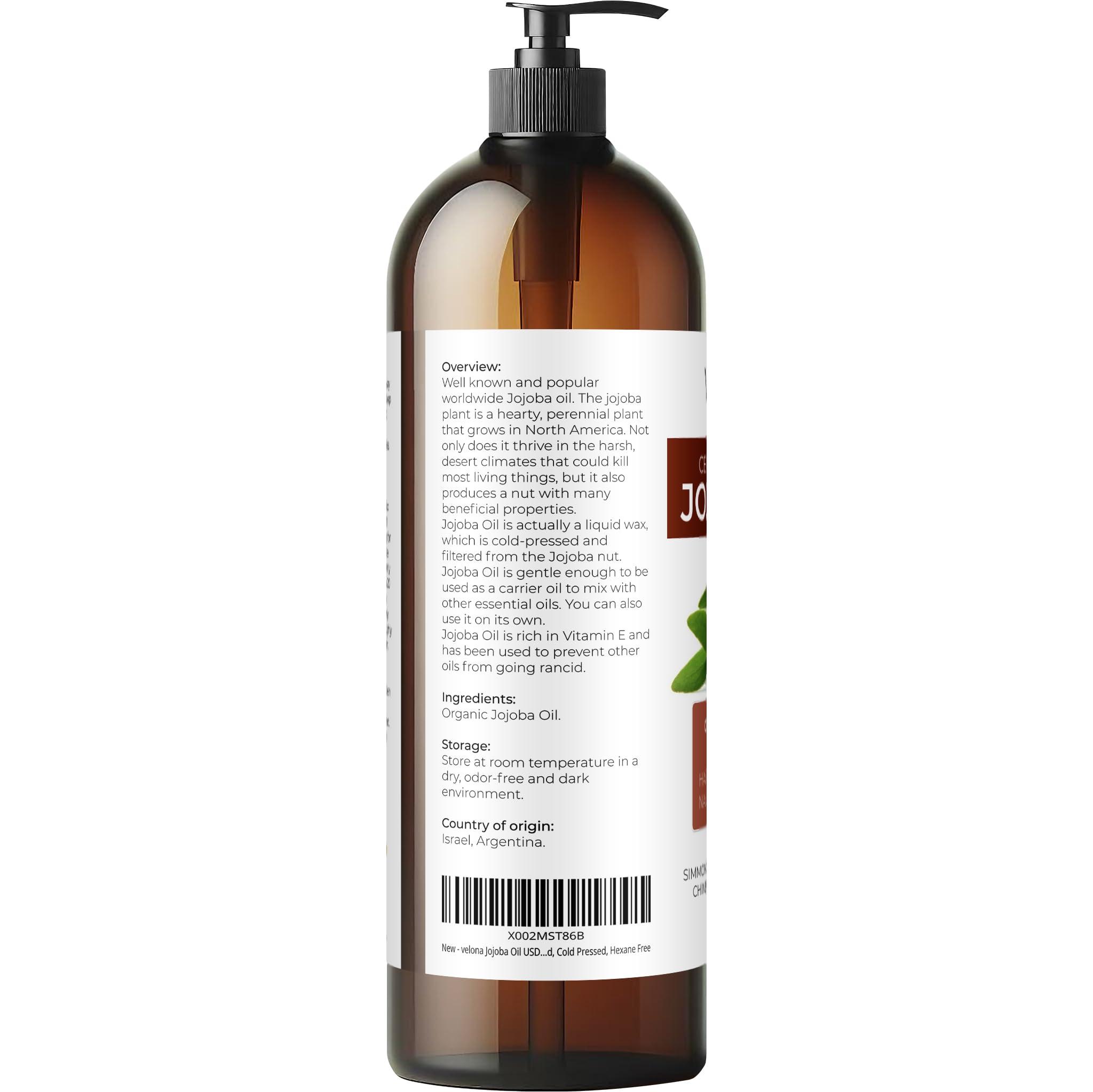 velona Jojoba Oil USDA Certified Organic - 32 fl oz (With Pump) | 100% Pure and Natural | Golden, Unrefined, Cold Pressed, Hexane Free | Moisturizing Face, Hair, Body, Skin Care - Image 3