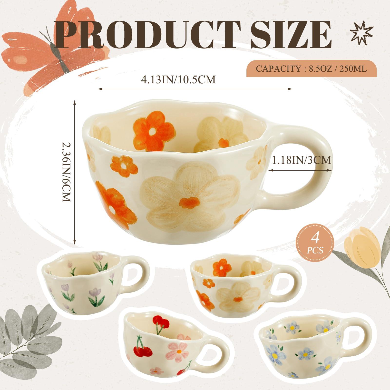 Vesici 4 Styles Cute Ceramic Flower Coffee Mug Set 8. 5 oz Vintage Aesthetic Porcelain Floral Tea Coffee Cup with Handle Dishwasher Microwave Safe for Woman Girls Gifts - Image 3