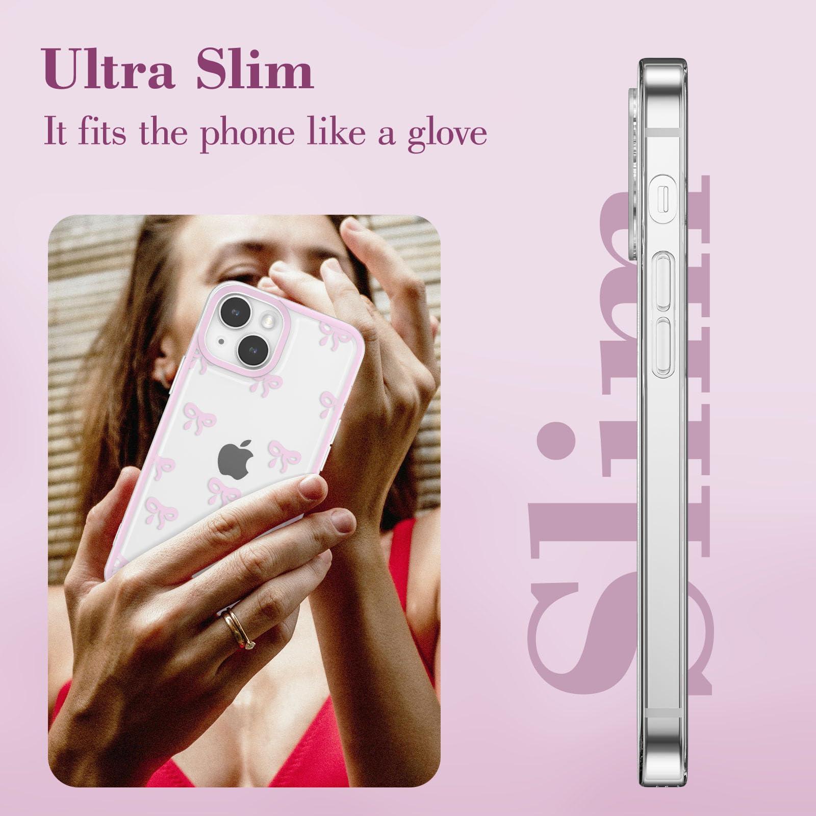 EYZUTAK Case for iPhone 13, Clear Cute Ribbon Bowknot Pattern Aesthetic Transparent Phone Case Raised Camera Protection Stylish Slim Soft Durable TPU Protective Cover for Women Girls - Pink - Image 4
