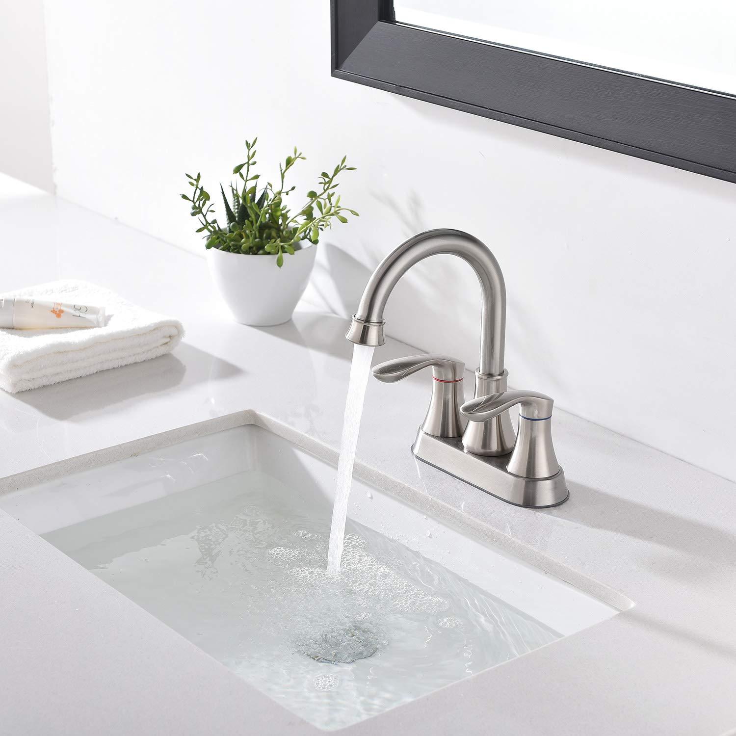 Friho Brushed Nickel Bathroom Faucet, Centerset Lead-Free Modern Commercial 2-Handle RV Bathroom Sink Faucet, 3 Hole 4 inch Bath Faucet with Drain Stopper and Water Hosess - Image 2