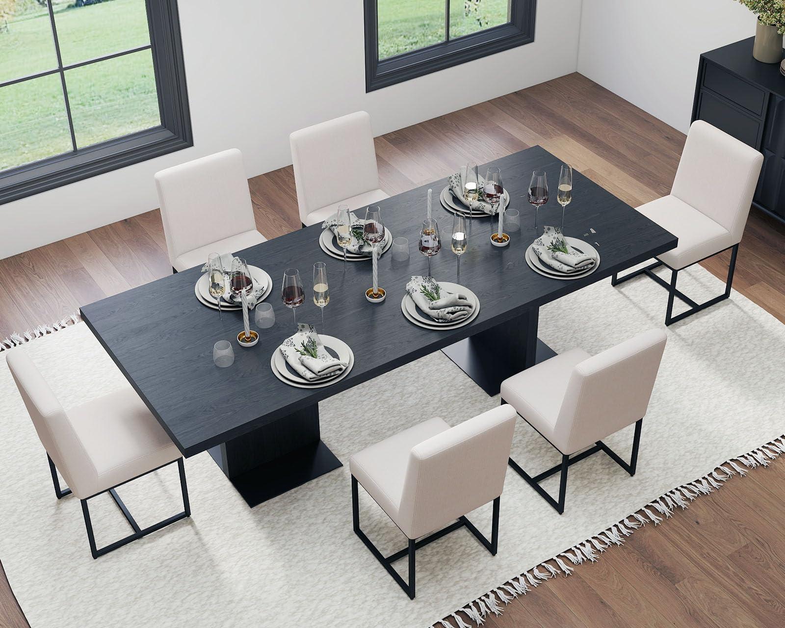 HNY Kitchen & Dining Room Chairs Set of 2, Linen Fabric Mid Century Modern Dining Chairs, Upholstered Dining Chairs with Black Finish Metal Frame, Cream, 2 PC - Image 5