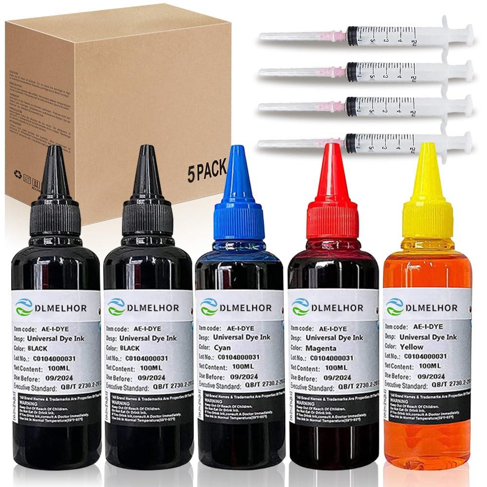 Universal Dye Ink Refill Kit for HP Epsn Canon Brother Lexmark Samsung Dell Kodak Inkjet Printers 4 Color Set 5pcs(2BK,C,M,Y) Compatible Cartridges Refillable Cartridge CISS CIS System With 4 Syringes