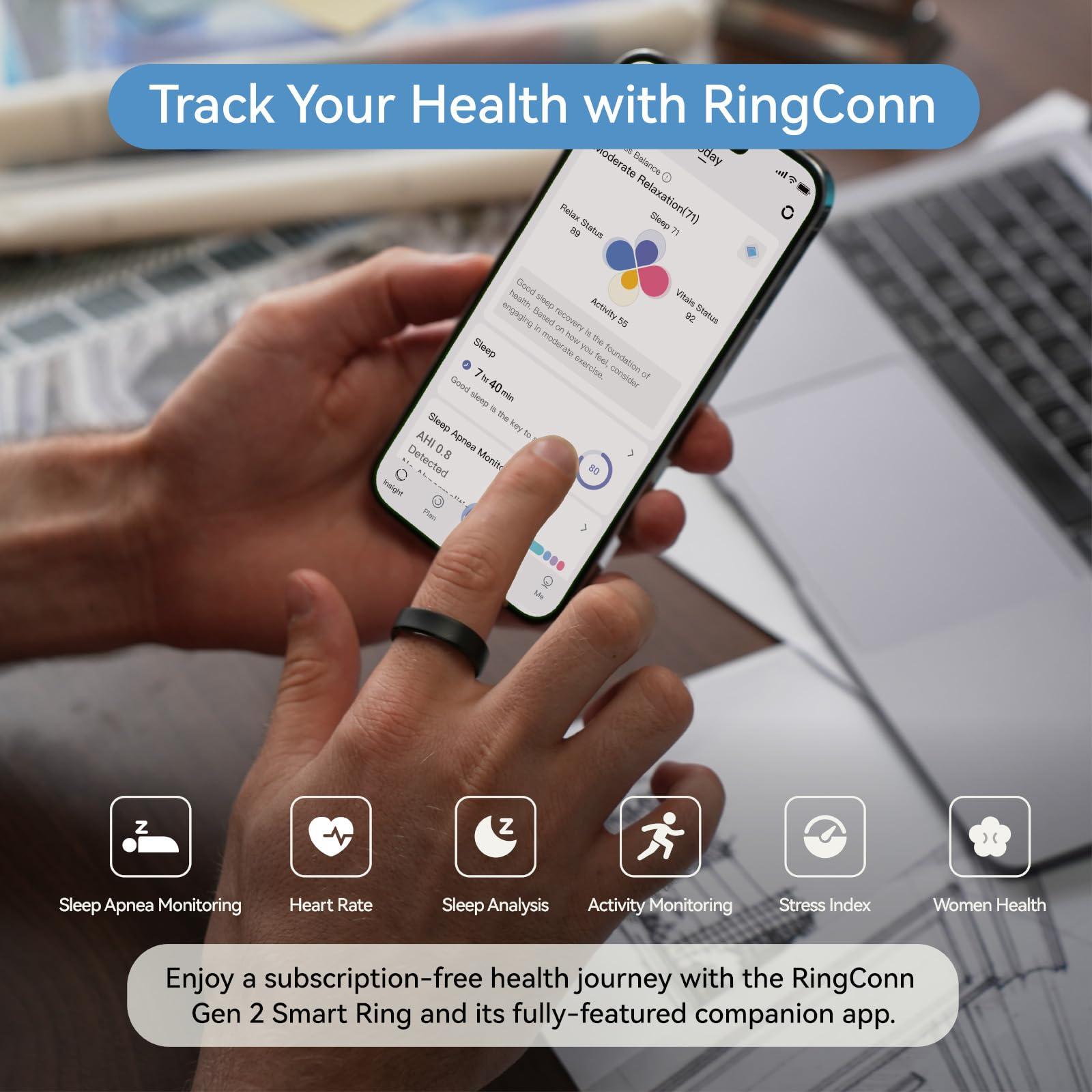 RingConn Gen 2, World’s First Smart Ring with Sleep Apnea Monitoring, No APP Subscription, 12-Day Battery Life, Stress/Heart Rate/Women's Health Tracker, Android & iOS Compatible (Black, Size 10) - Image 4