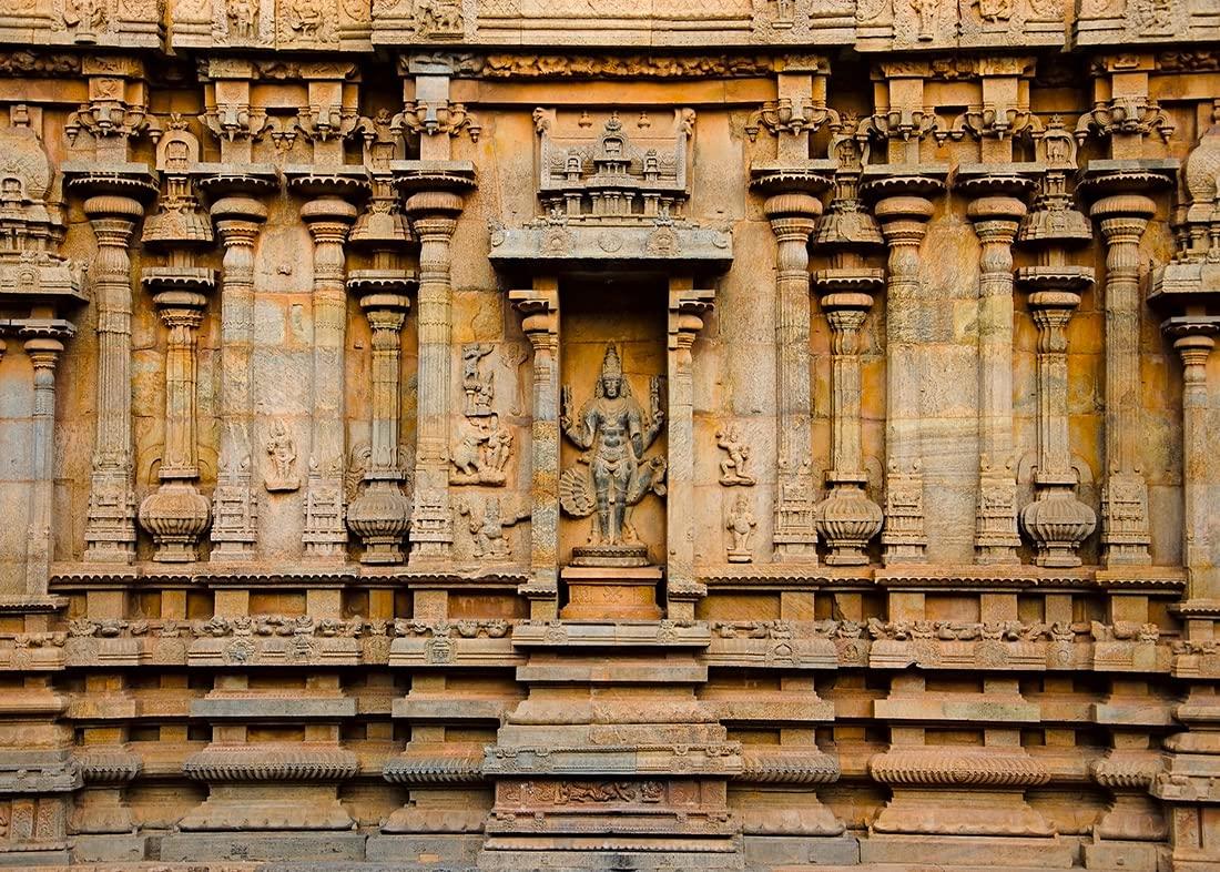 BELECO 7x5ft Fabric Indian Hindu Temple Backdrop Carved Idol on The Wall of Brihadishvara Temple, Thanjavur Background Hinduism Religion Background Indian Landmark Travel Photo Studio Props Wallpaper - Image 1
