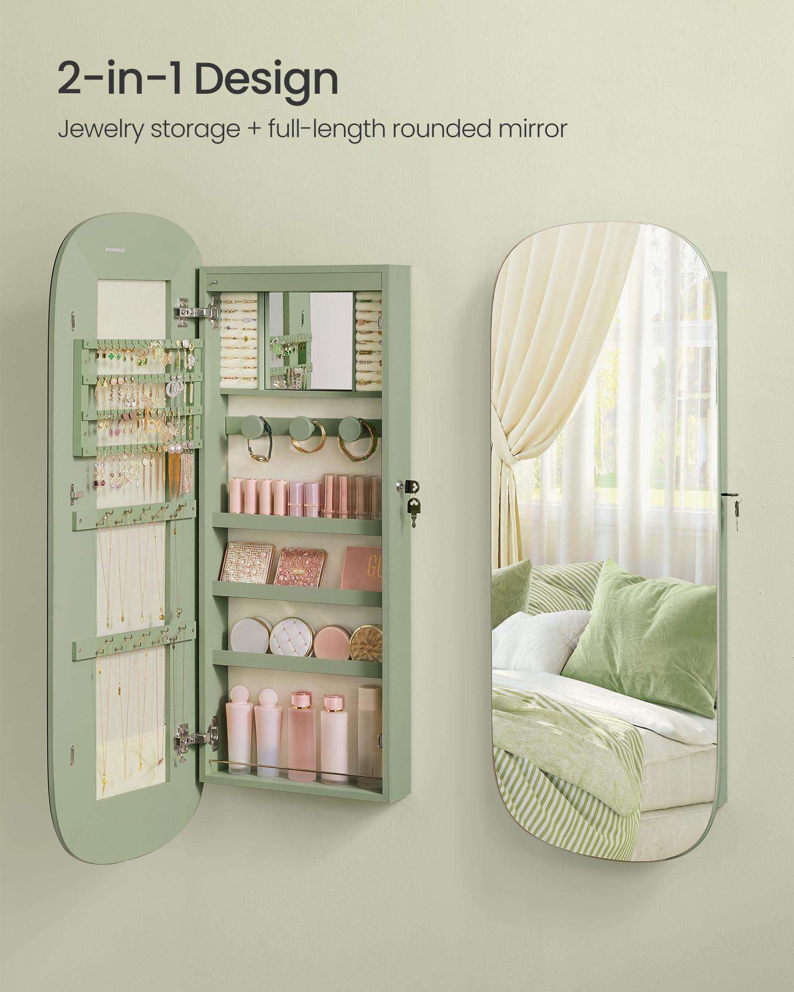 SONGMICS Jewelry Organizer, LED Jewelry Cabinet Wall/Door Mounted, Lockable Rounded Wide Mirror with Storage, Interior Mirror, 3.9 x 16.5 x 42.5 Inches, Laurel Green Surface with Cream White Lining - Image 6