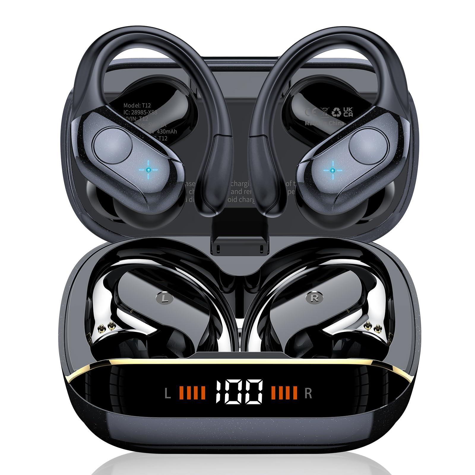 Qecnato Wireless Earbuds Bluetooth 5.4 Headphones Sports, 75H Stereo Deep Bass Over Ear Buds with Earhooks, Bluetooth Earbuds with 4 ENC Mic, LED Display, IP7 Waterproof Earphone for Running, Black