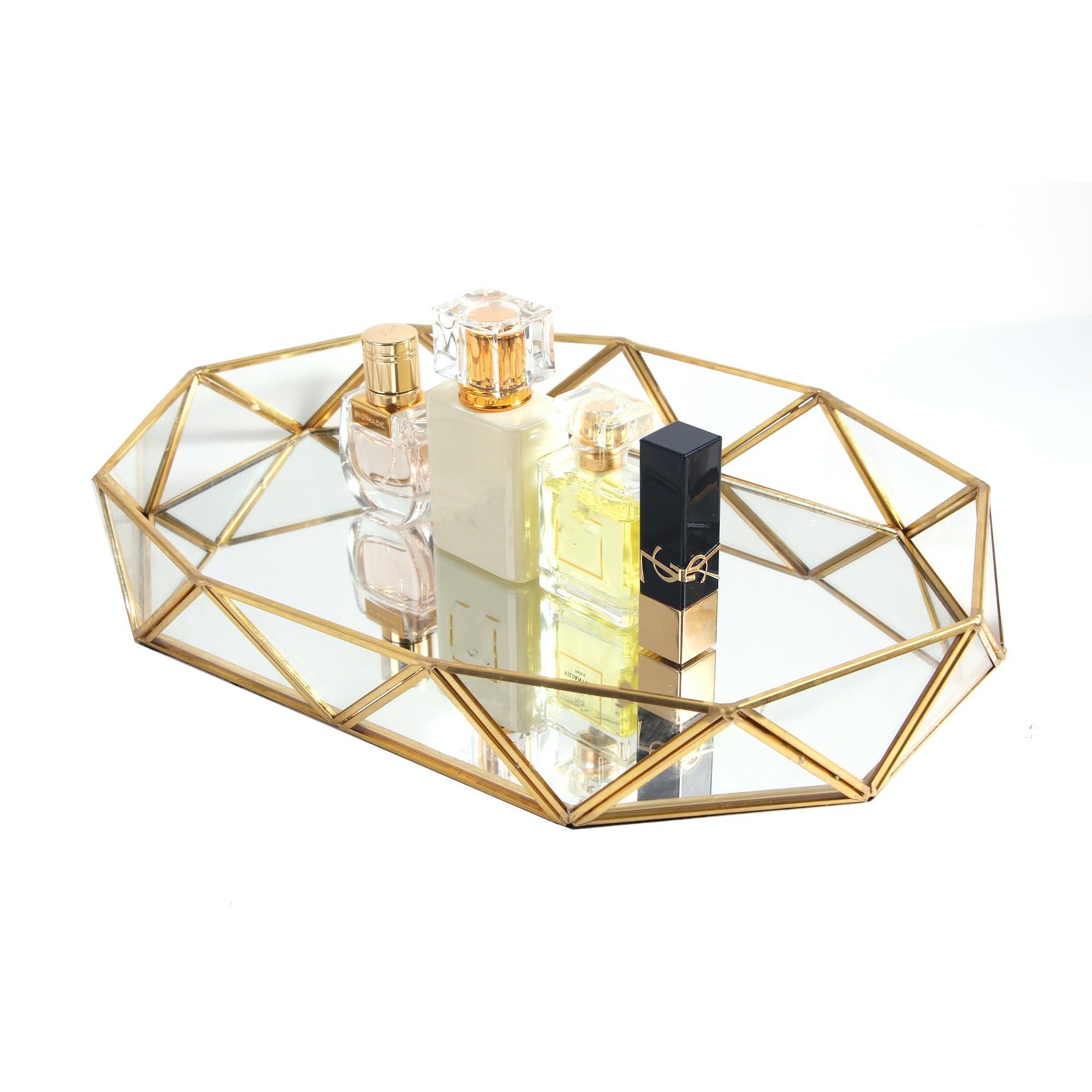 Feyarl Gold Clear Glass Mirror Makeup Vanity Tray Jewelry Organizer Ornate Octagonal Shape Cosmetic Perfume Display Decorative Tray for Home Decor Dresser Tabletop Countertop (13.7 inch)
