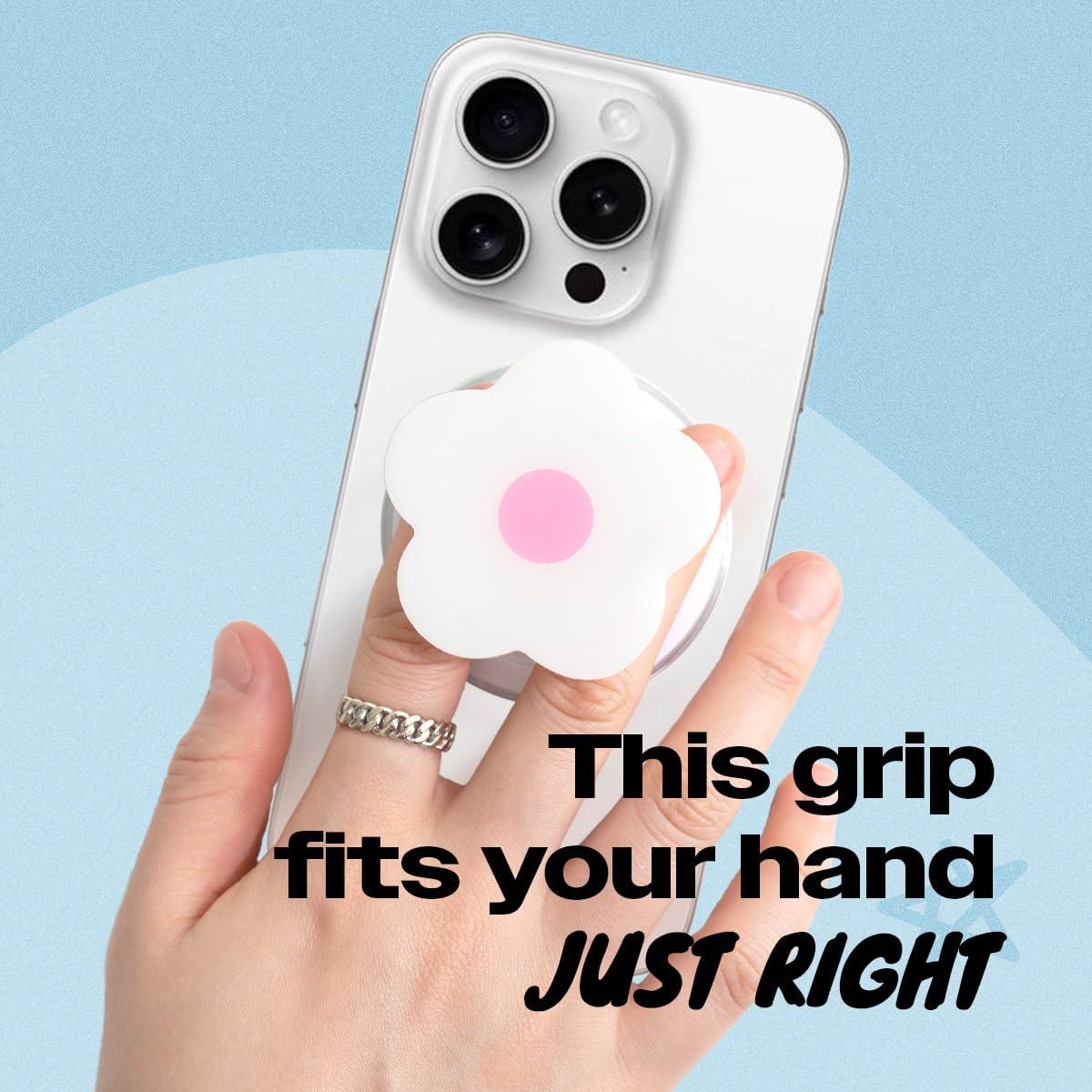 OnTheGrip Compatible with Magsafe Magnetic Cute Solid Color Daisy Flower Design Collapsible Mobile Phone Grip Stand Holder for Smartphone Tablet Cell Phone Accessory (White Pink) - Image 2