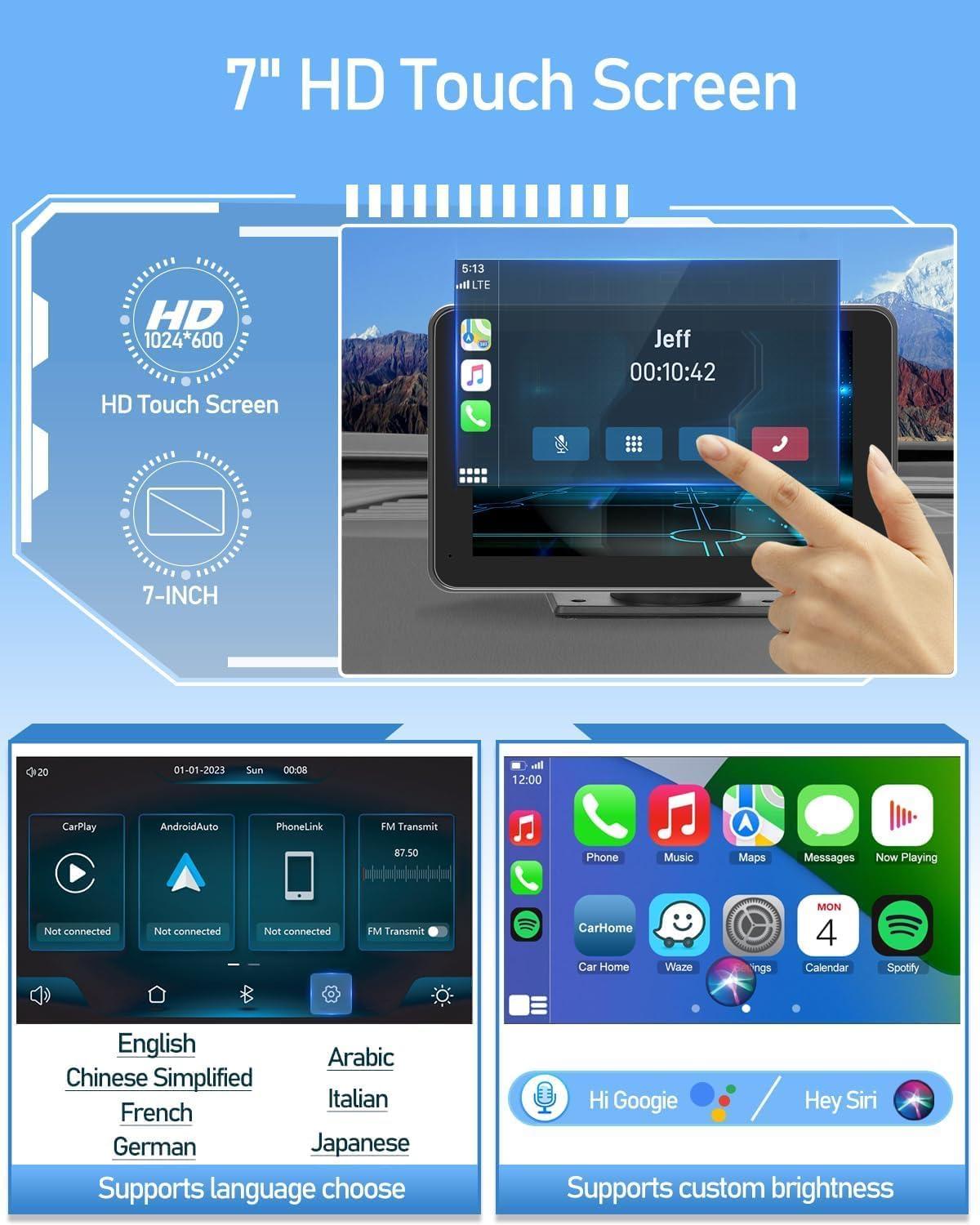 7" HD Wireless CarPlay Screen Touchscreen, for Car, Portable, with Apple CarPlay, Android Auto, Mirror Link, Bluetooth, Stereo, with Backup Camera, Navigation, for All Vehicle - Image 9