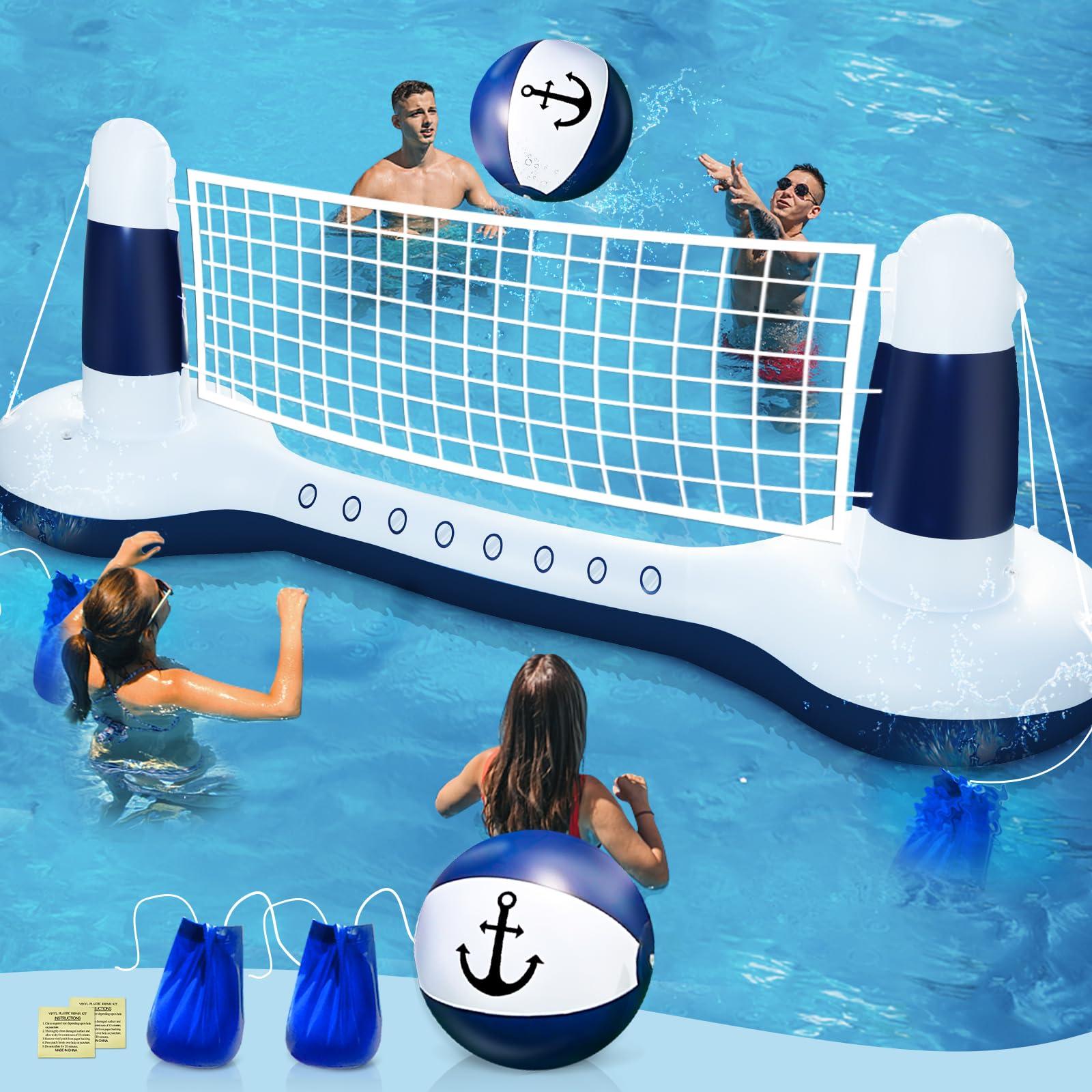 Large Inflatable Pool Games Volleyball Net Pool Float Set with 9" Anchor Ball, 2 Weight Bags & Yacht Design – Floating Swimming Game Toy for Adults & Kids, Perfect for Summer Water Sport Pool Party