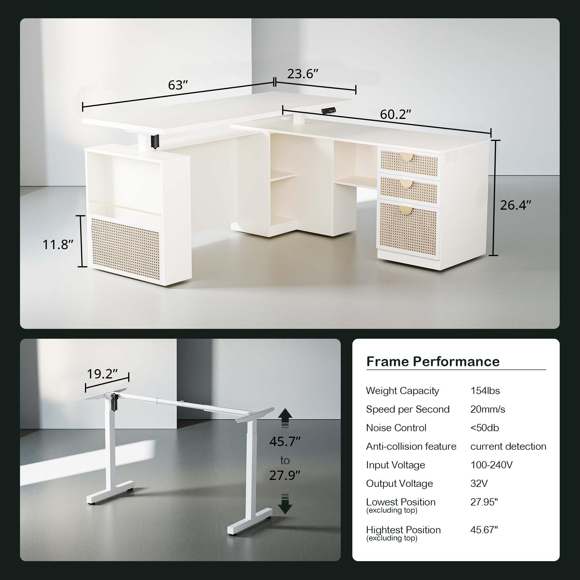 ModernMate 63" Standing Desk with File Cabinet, Privacy Panel, AC/USB, 1.18" Desktop, Executive L Shaped Height Adjustable Desk, Electric Stand Up Table with 3 Drawers, White Rattan - Image 2