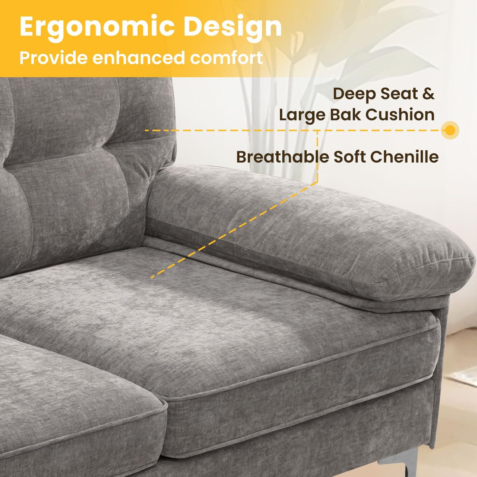 COHOME 83in L-Shaped Couch, Chenille Upholsted Sofa with Reversible Chaise,3-Seat Couch for Living Room, Convertible Sectional with Removable Covers,Grey - Image 4