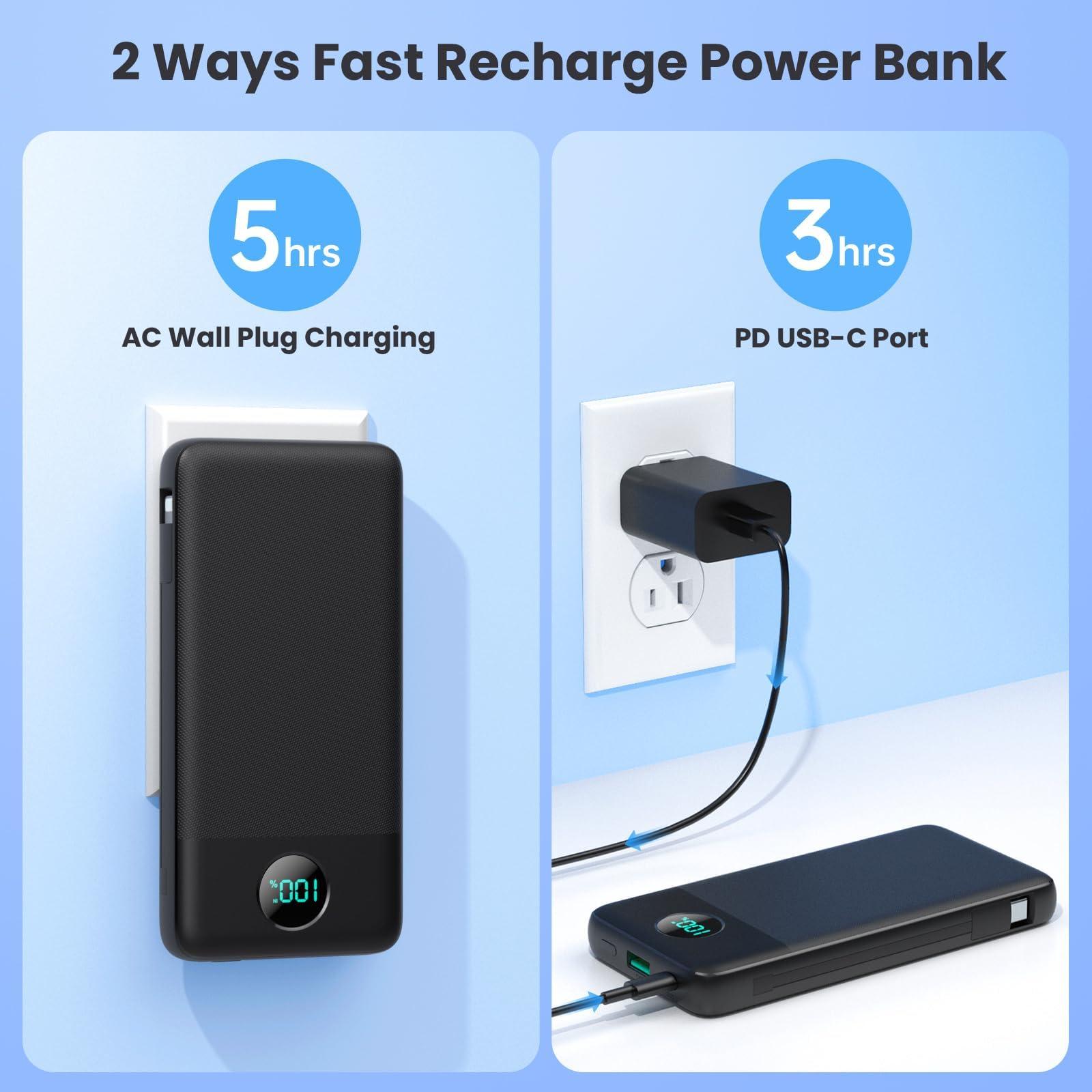 Portable Charger USB C Power Bank with 2 Built in Cables & AC Wall Plug,13800mAh Portable Battery Pack Fast Charging Compact LED Display Universal Compatible with iPhone 16/15,Galaxy S23,Tablets etc - Image 5