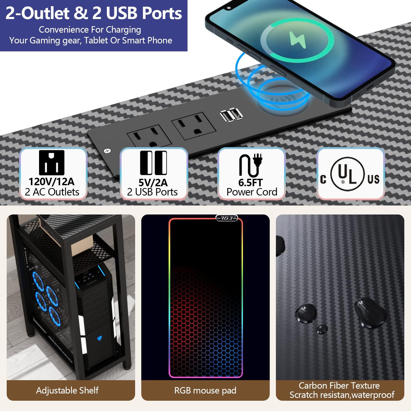 Gyfimoie 63" Computer Desk with Power Outlet & LED Light, Wing-Shaped Gaming Desk with Shelves, Full Monitor Stand,Wireless Charging,RGB Mouse Pad,Headphone Hook, Home Office Desk (Black) - Image 6
