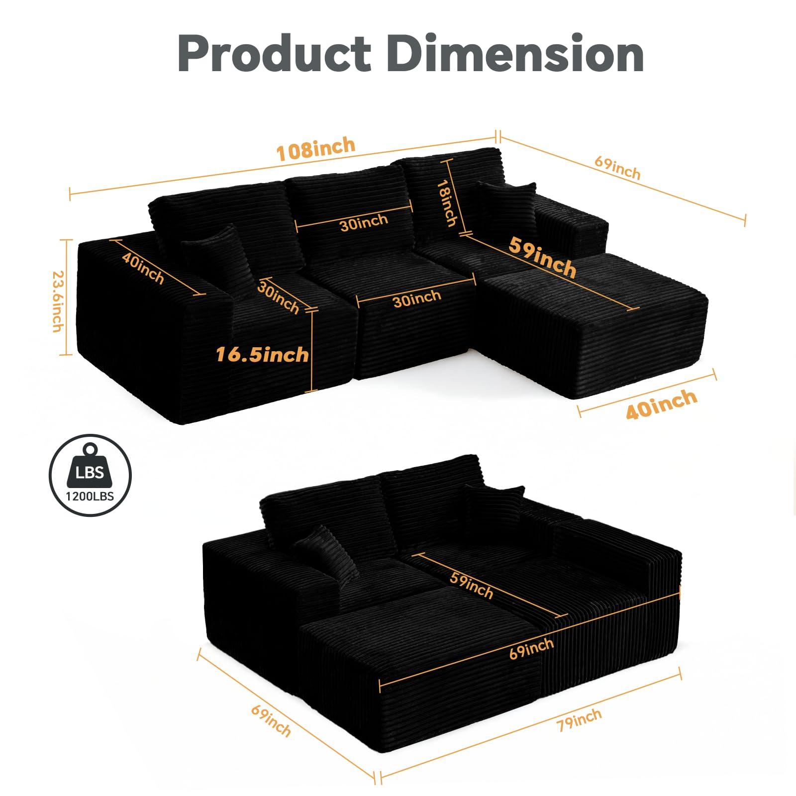 MODNEST 107" Modular Sectional Sofa Cloud Couch with Deep Seats, L Shape Memory Foam Couch with Chaise, Sectional Couches for Living Room, Oversized Comfy Boneless Sofa No Assembly, Black - Image 3