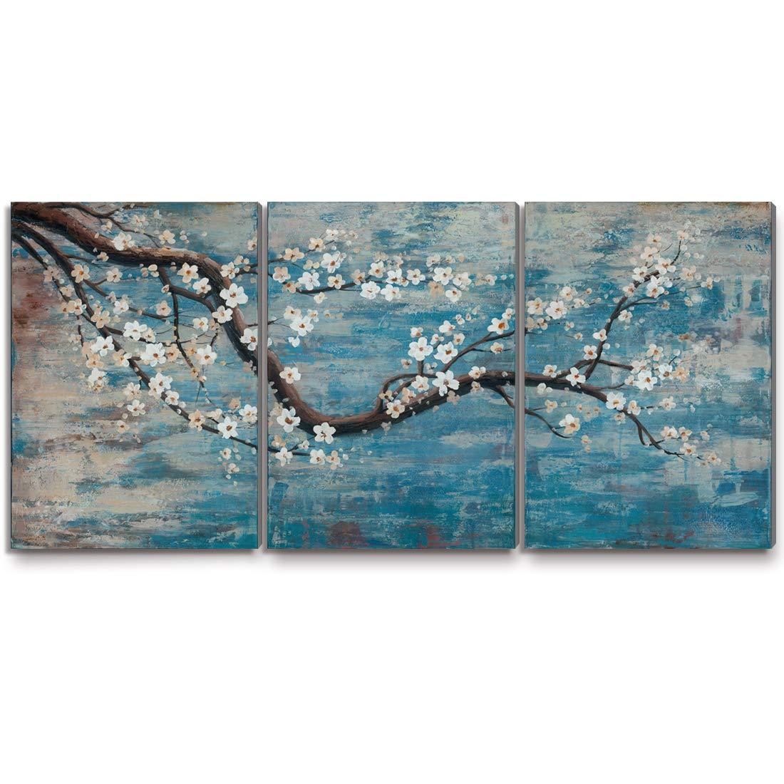 amatop Extra Large Wall Art for Living Room 100% Hand-Painted Framed Decorative Plum Floral Oil Painting Set Decorative Modern Blue Tree Artwork Ready to Hang - Image 3