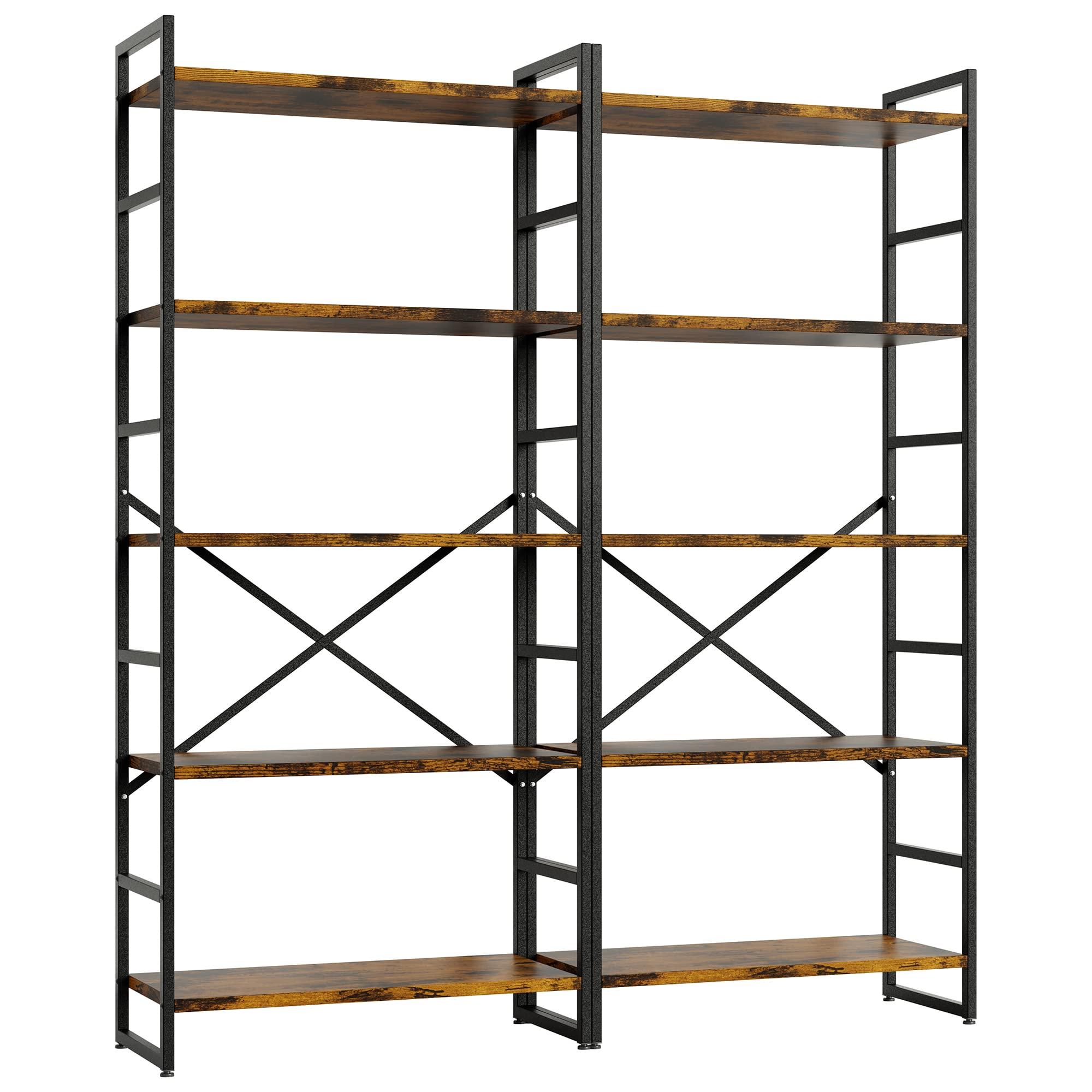 Shintenchi 2 Pieces 5 Tiers Bookshelf, Classically Tall Bookcase Shelf, Industrial Book Rack, Modern Book Holder in Bedroom/Living Room/Home/Office, Storage Rack Shelves for Books/Movies-Rustic Brown - Image 7