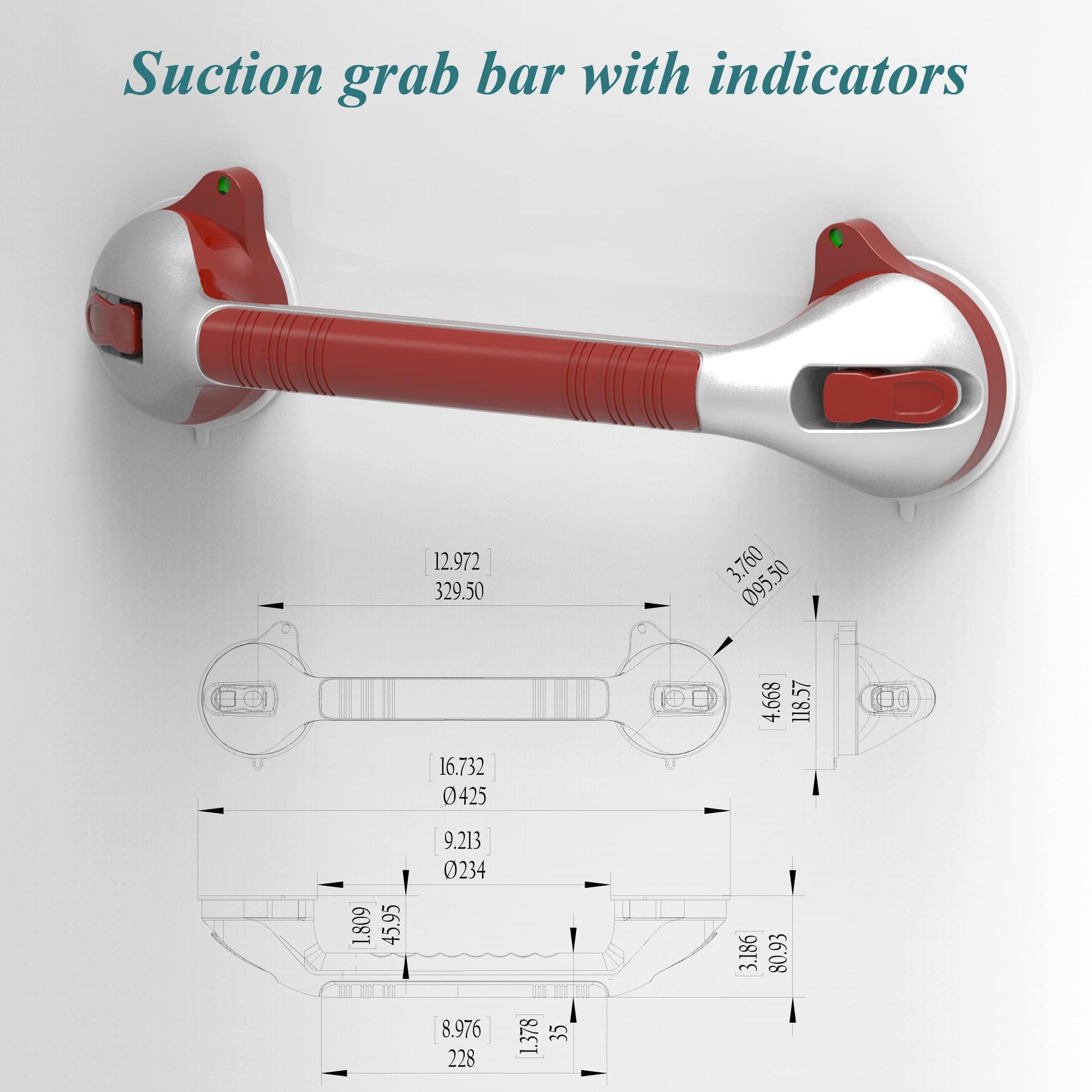 AquaChase 17“ Suction Shower Grab Bar with Indicators, Tool-Free Installation, Steady Handle for Balance Assist for Bathtub, Toilet, Bathroom, Dual Tone, Silver/Gray 2-Pack - Image 8
