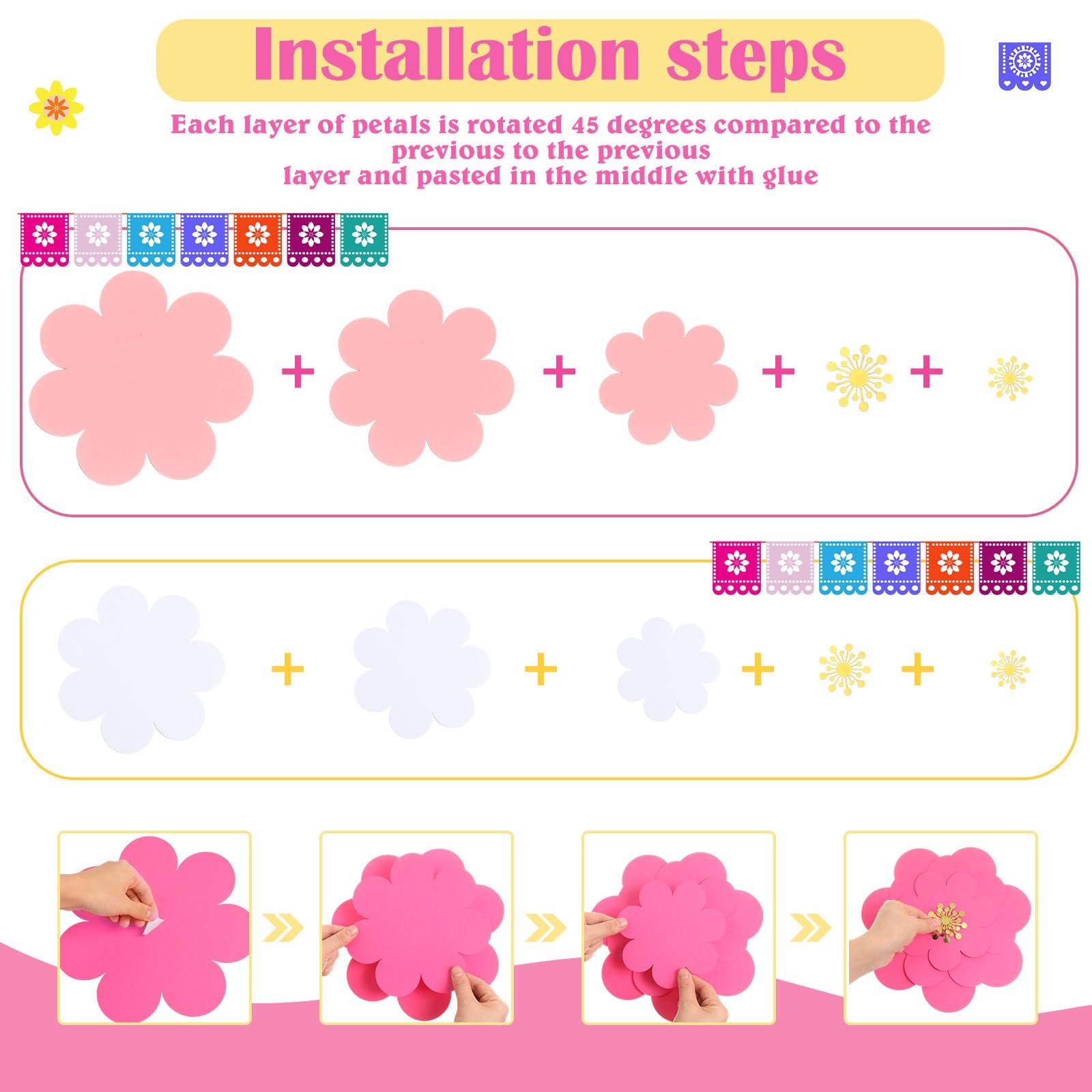 Mooliwe 10 Set Mexican Paper Flowers Decorations for Wall DIY Fiesta Bulletin Board 3D Handcrafted Paper Flowers Backdrop Decoration for Mexican and Holiday Party(Pink White) - Image 5