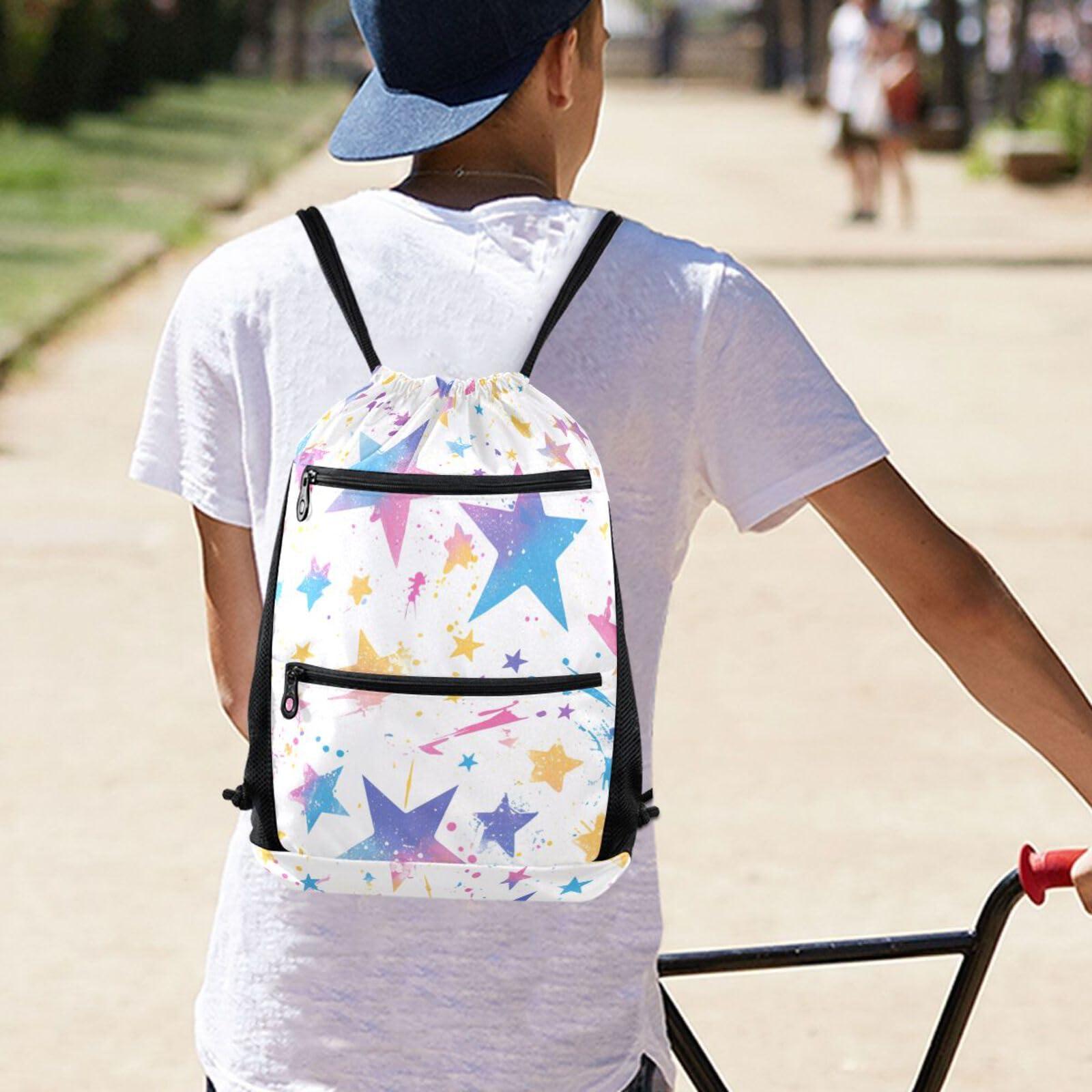 FRODOTGV String Backpack With Zipper Pockets Portable Sackpack for Adults Men Women Party Hiking, Spray Paint Rock Star - Image 2