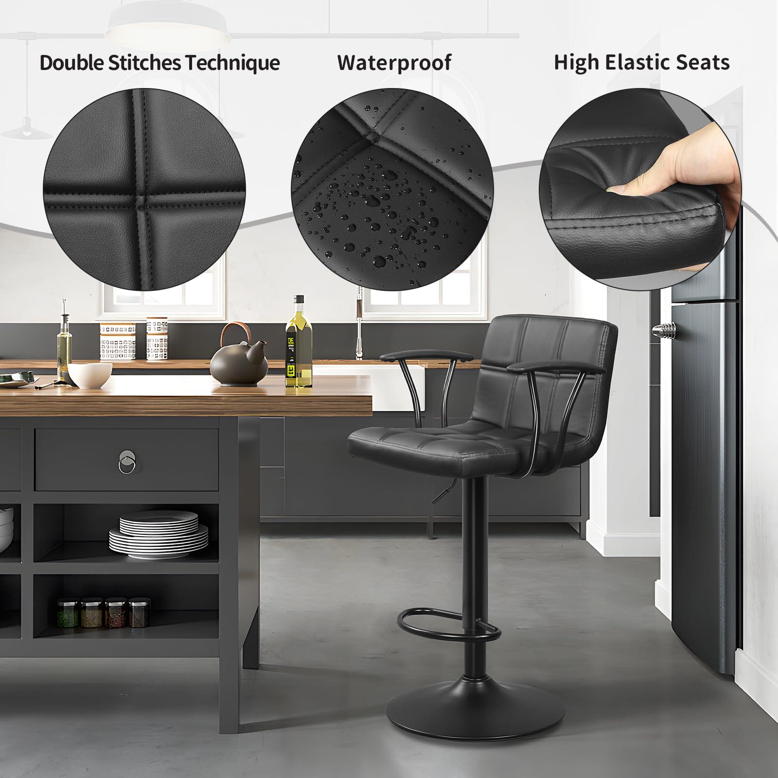 ERGOSEAT Bar Stools Set of 2, Armrest Adjustable Swivel Barstools with Back, Double Needle PU Leather Counter Height Chairs for Kitchen lsland (Black) - Image 6