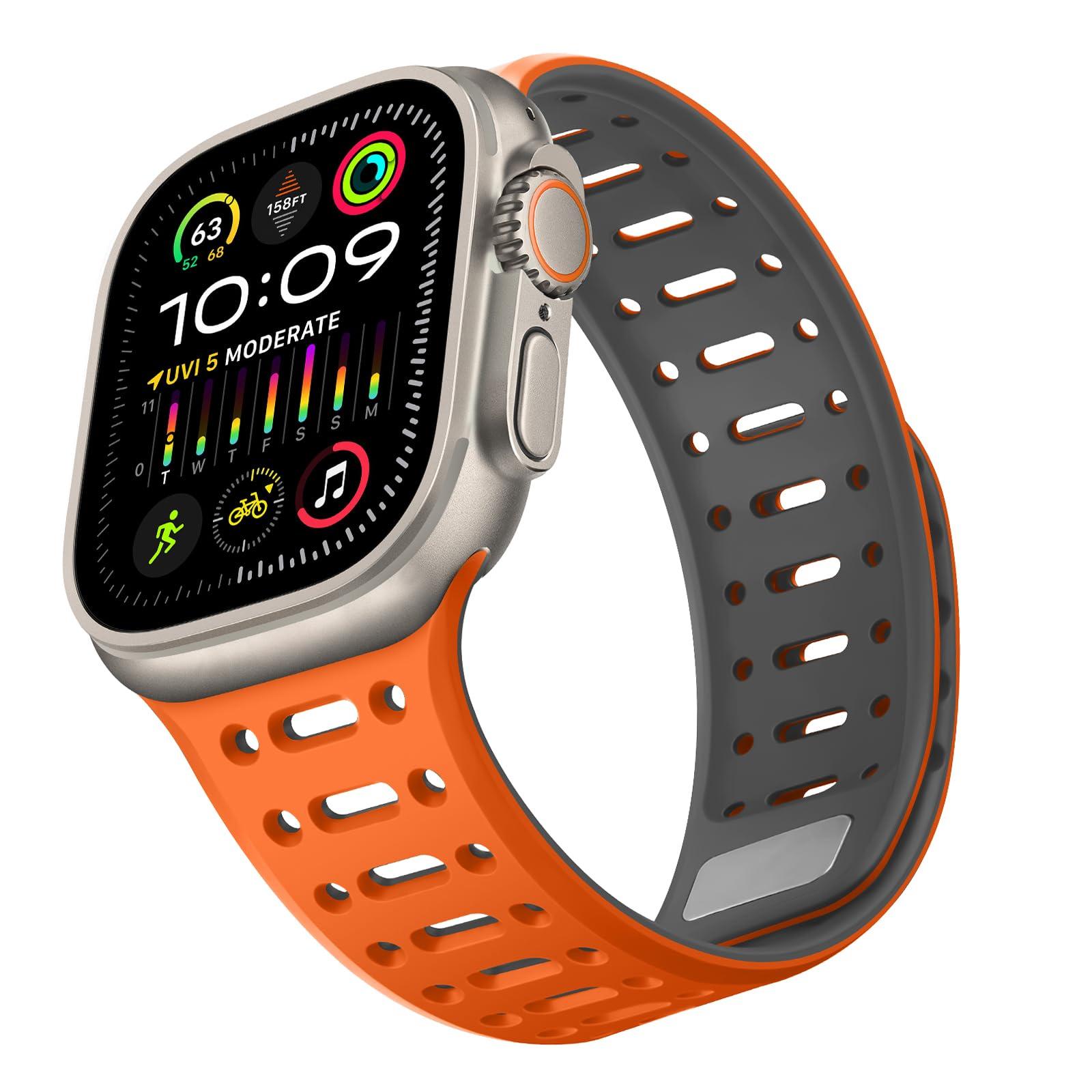 ZZDZZ Compatible with Apple Watch Band 49mm 46mm 45mm 44mm 42mm 41mm 40mm 38mm, Magnetic Silicone Sport Breathable Strap for iWatch Ultra 2 SE Series 10 9 8 7 6 5 4 (49/46/45/44/42mm, Orange/Gray)