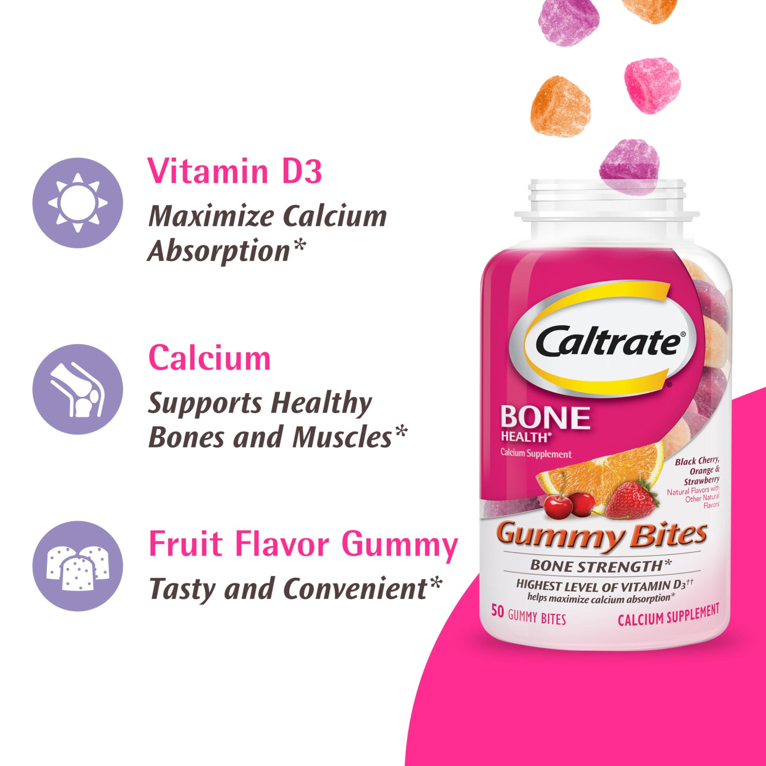 Caltrate Gummy Bites 500 mg Calcium and Vitamin D Supplement, Black Cherry, Strawberry, Orange - 100 Count - Image 6