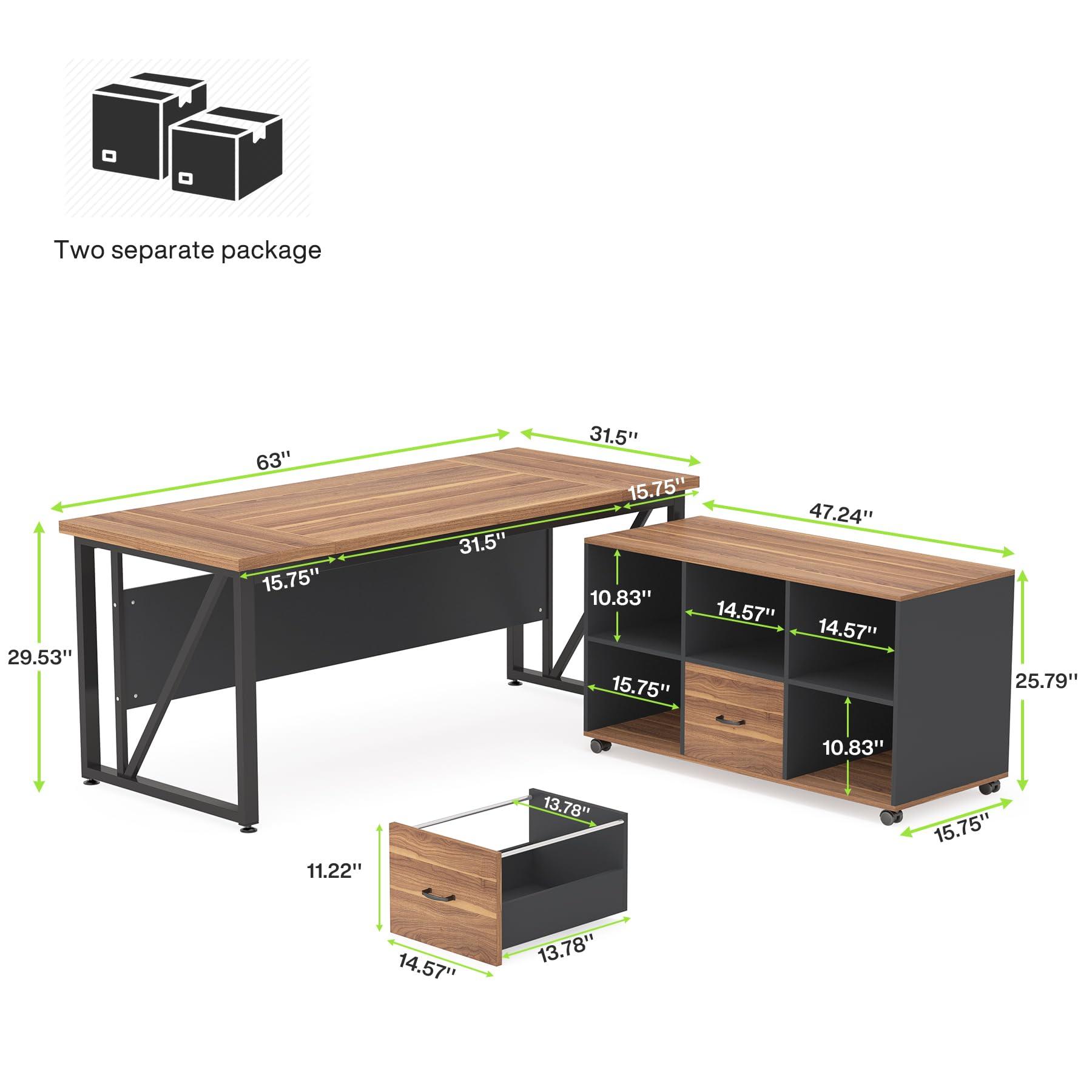 Tribesigns 63 inches Executive Desk and 47" lateral File Cabinet, L-Shaped Computer Desk Home Office Business Furniture with Drawers and Storage Shelves, Office Table,Brown and Black - Image 2