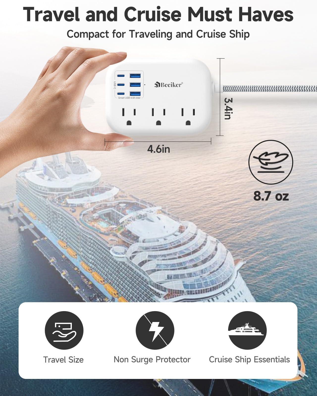 6 USB(3 USB C) Power Strip- Travel Power Strip with 6 USB Desktop Charging Station 24W/4.8A and 3 Outlets, 5Ft Flat Plug Braided Extension Cord, Non Surge Protector for Cruise Ship Travel Office Dorm - Image 4